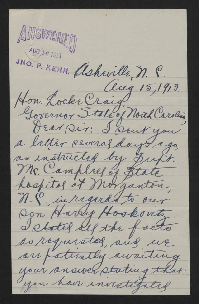 Letter from Hoskovitz to Craig, August 15, 1913, page 1