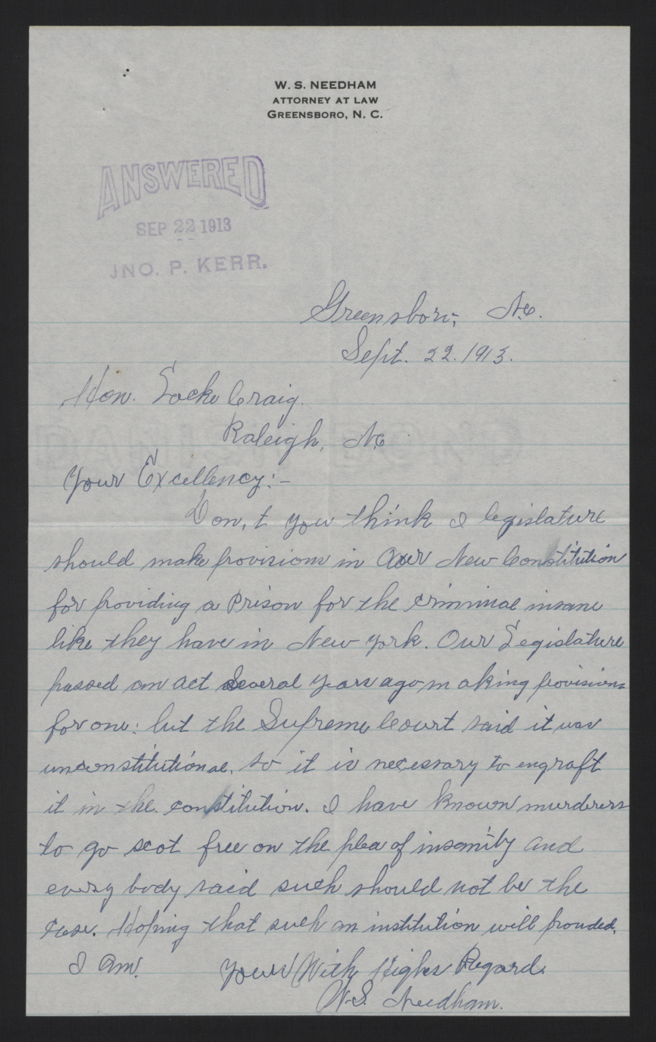 Letter from Needham to Craig, September 22, 1913