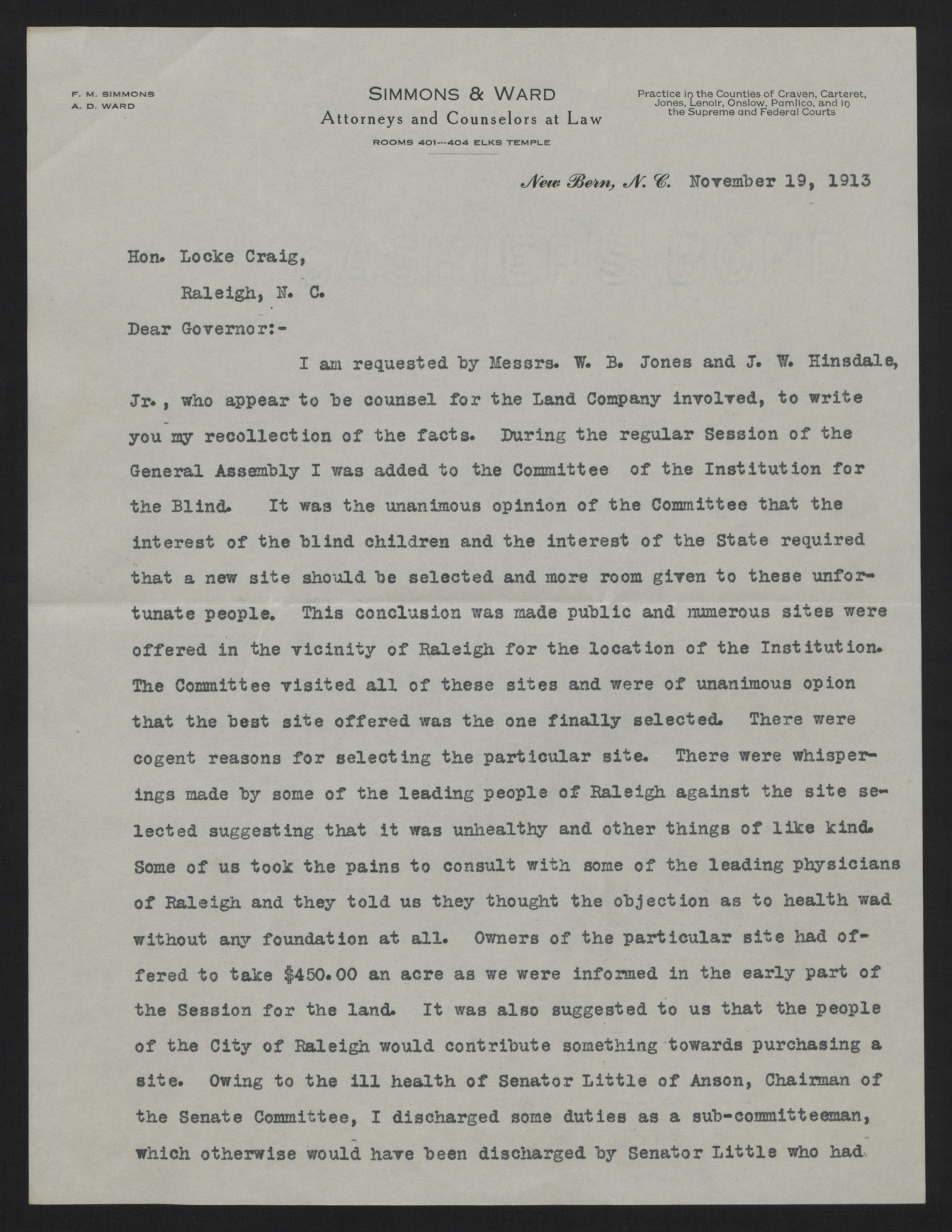 Letter from Ward to Craig, November 19, 1913, page 1