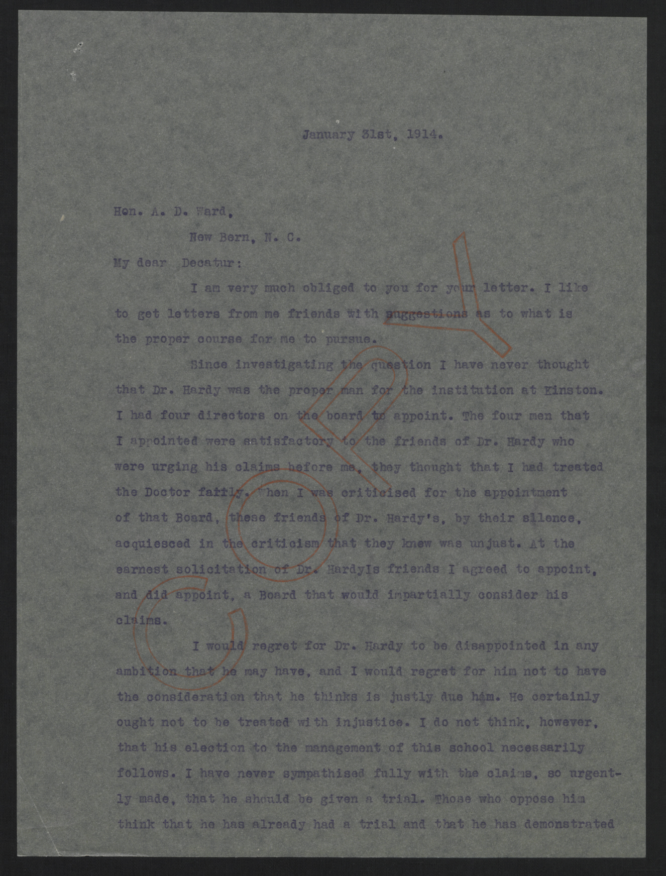 Letter from Craig to Ward, January 31, 1914, page 1