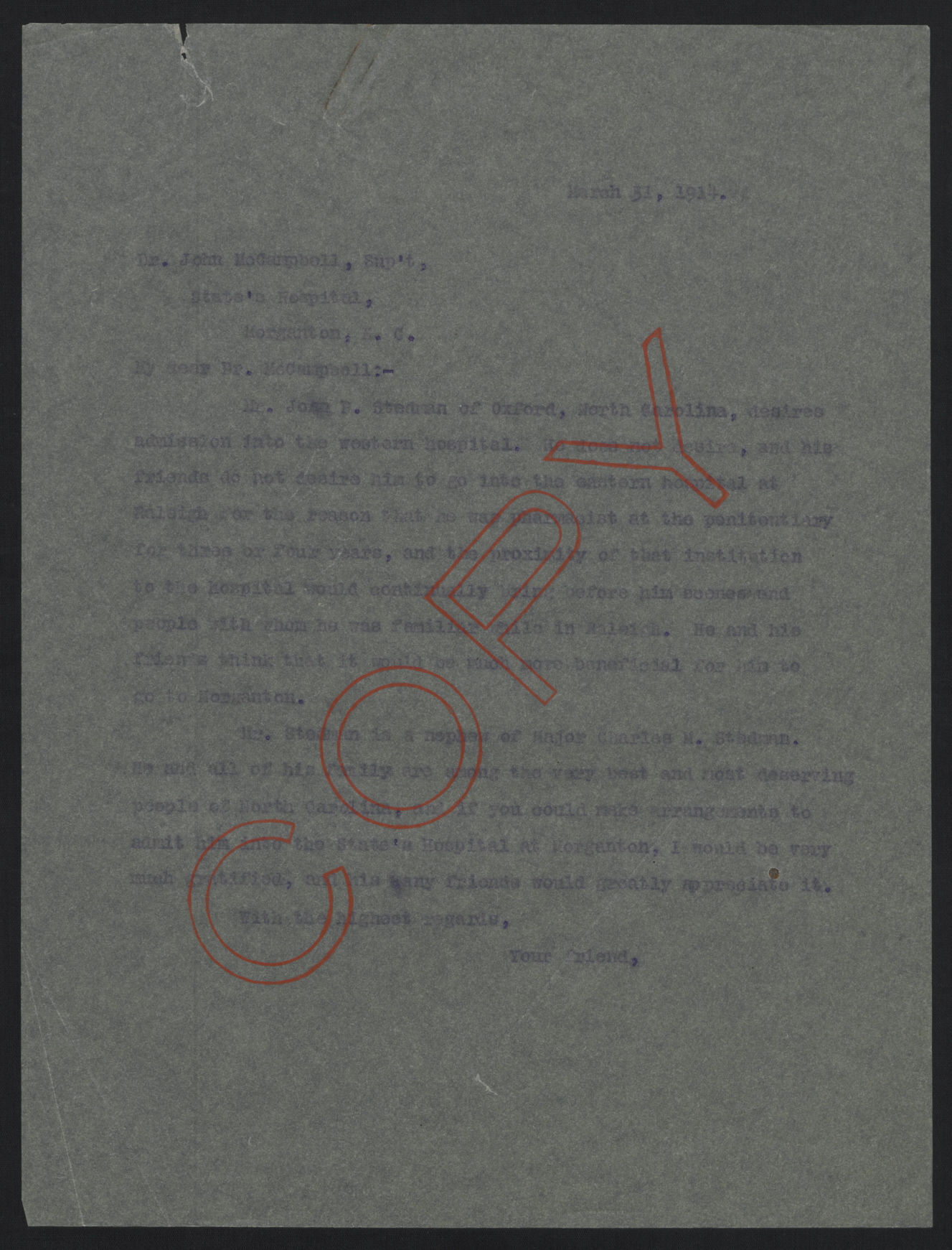 Letter from Craig to McCampbell, March 31, 1914