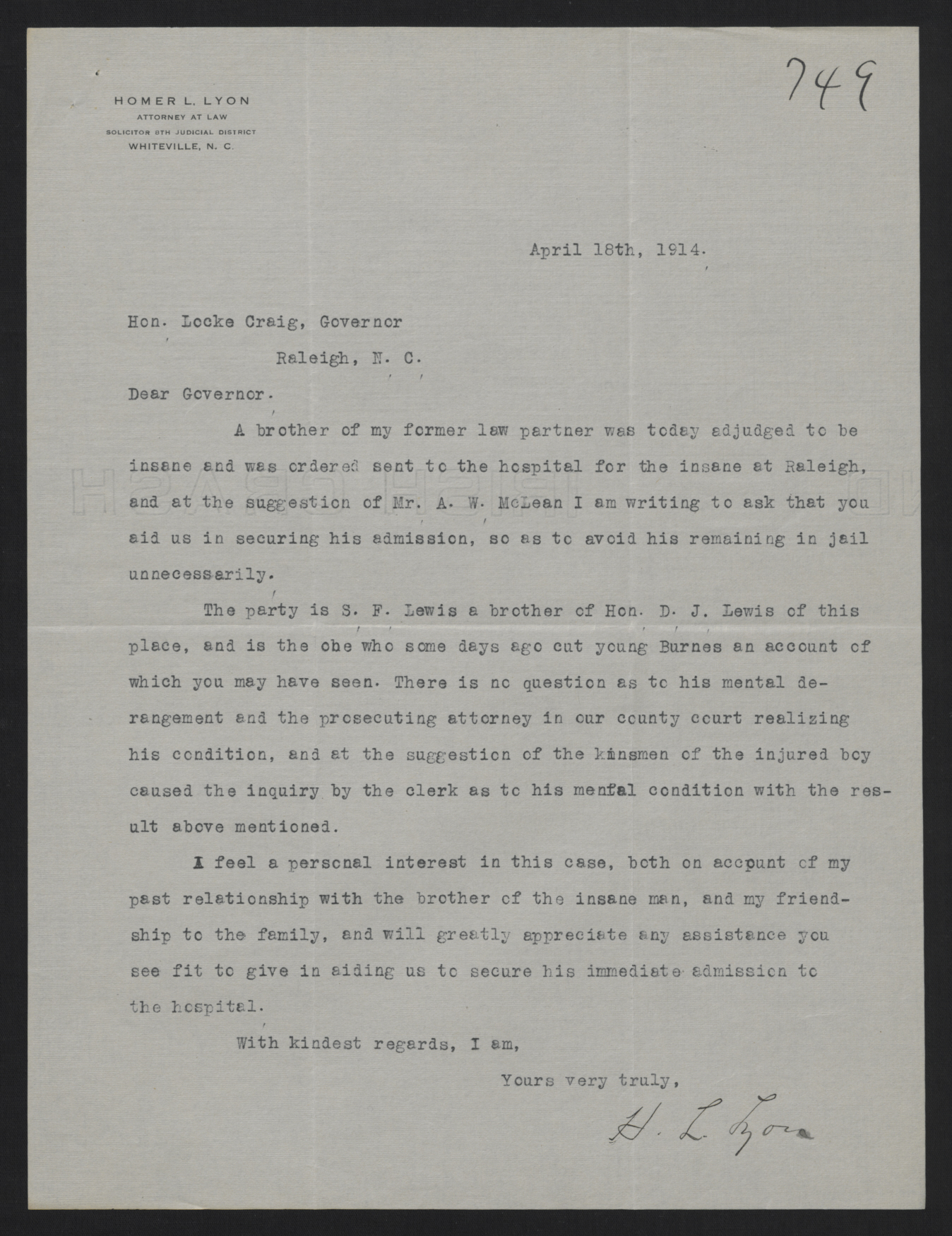 Letter from Lyon to Craig, April 18, 1914