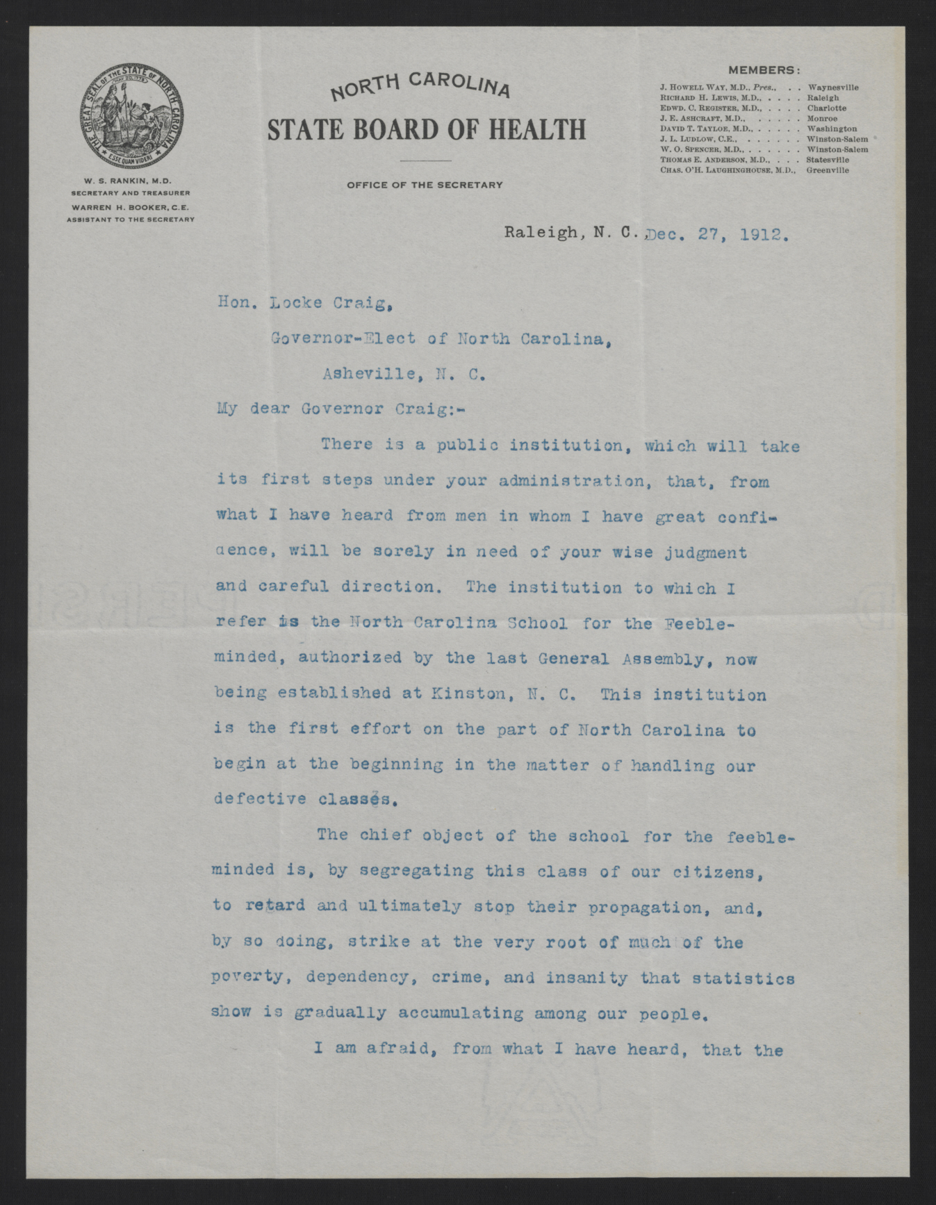 Letter from Rankin to Craig, December 27, 1912, page 1