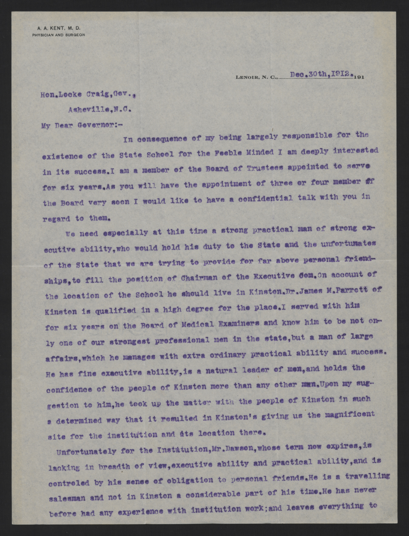 Letter from Kent to Craig, December 30, 1912, page 1