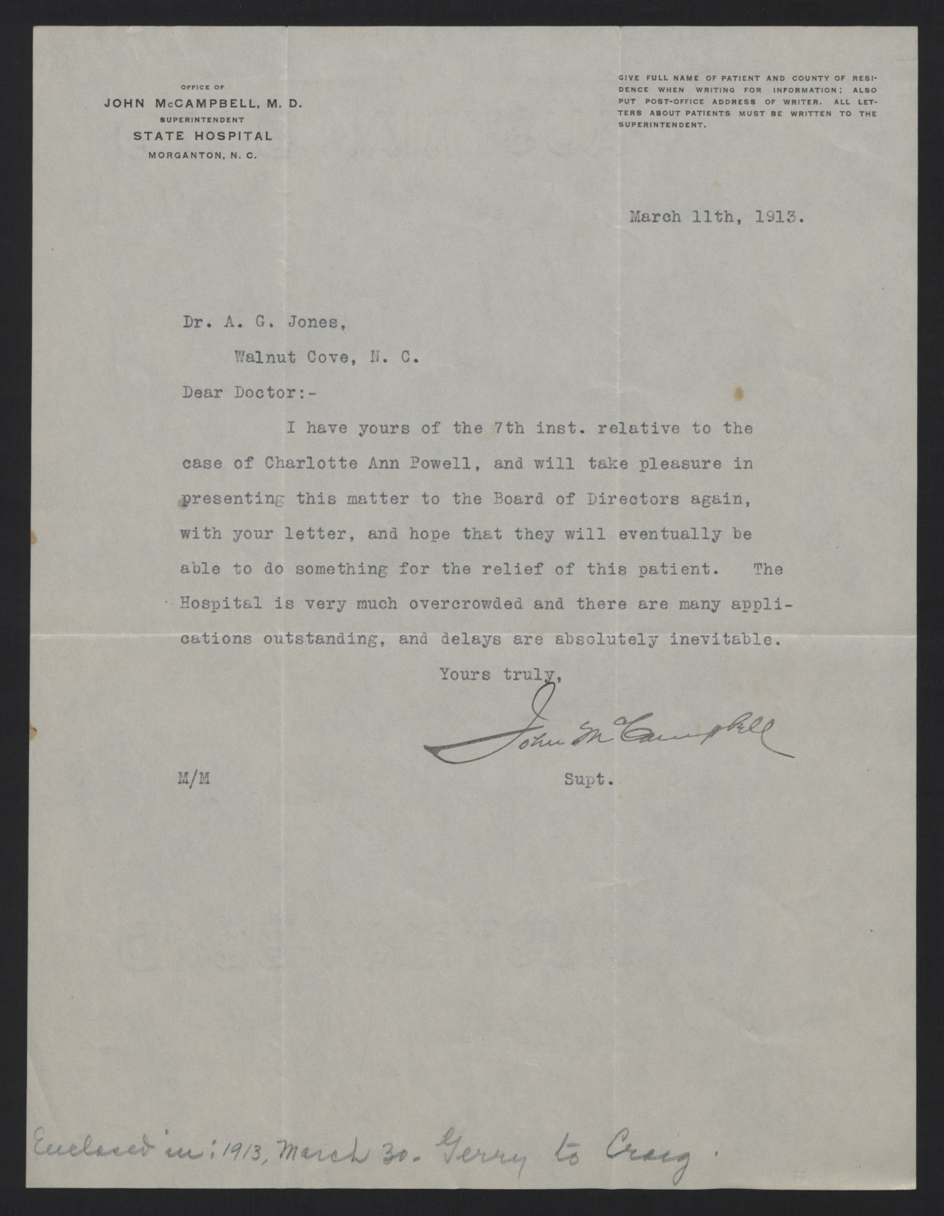Letter from McCampbell to Powell, March 24, 1913