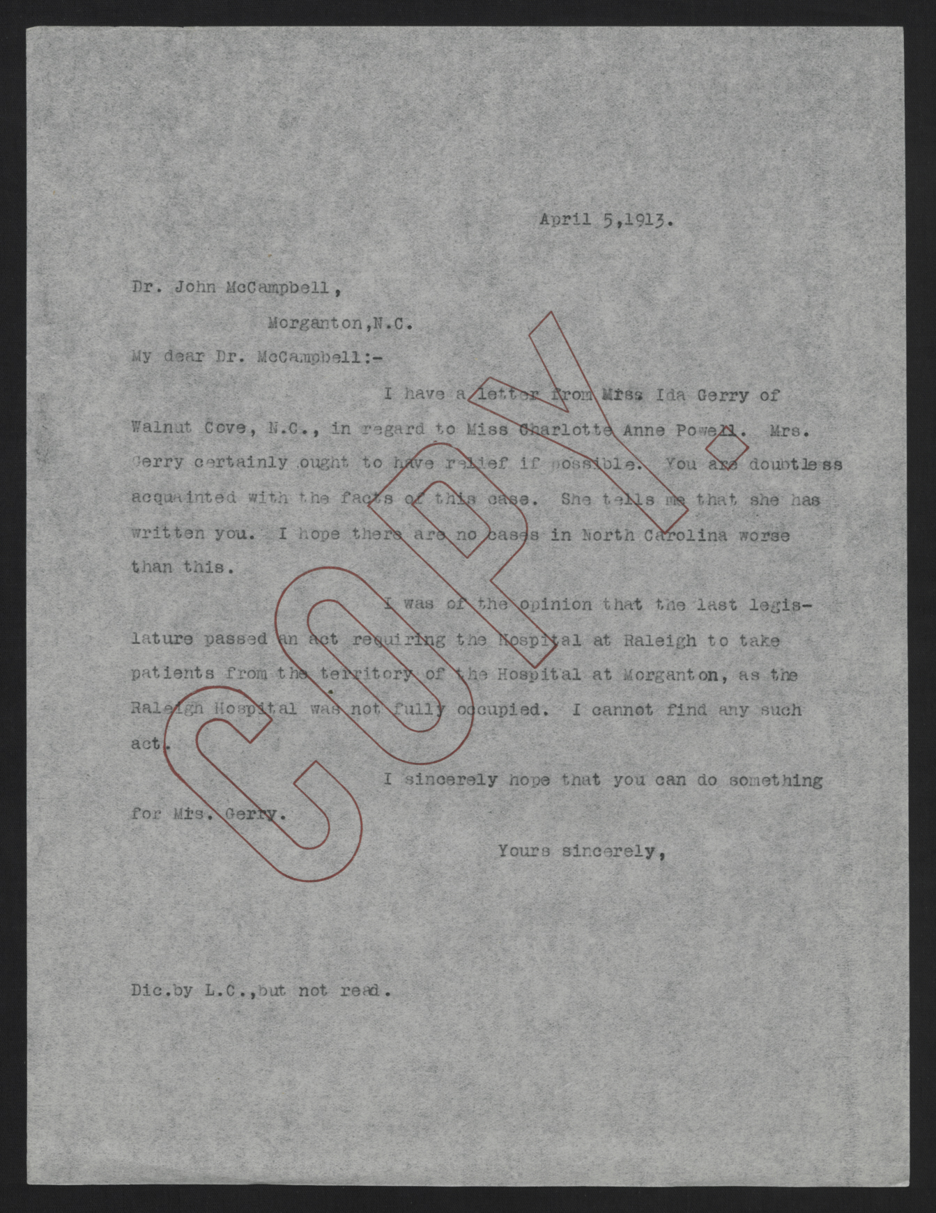 Letter from Craig to McCampbell, April 5, 1913