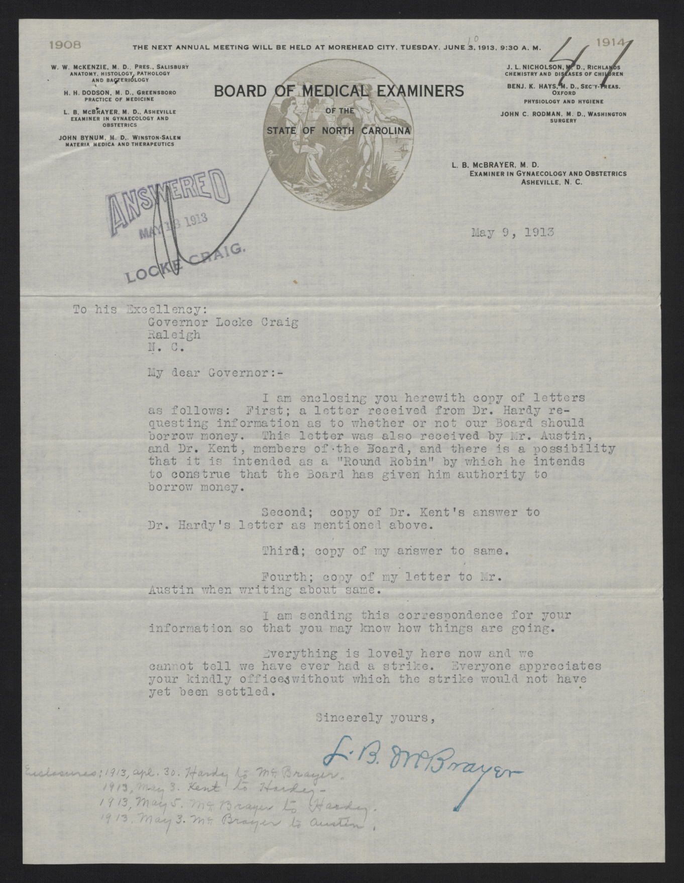 Letter from McBrayer to Craig, May 9, 1913