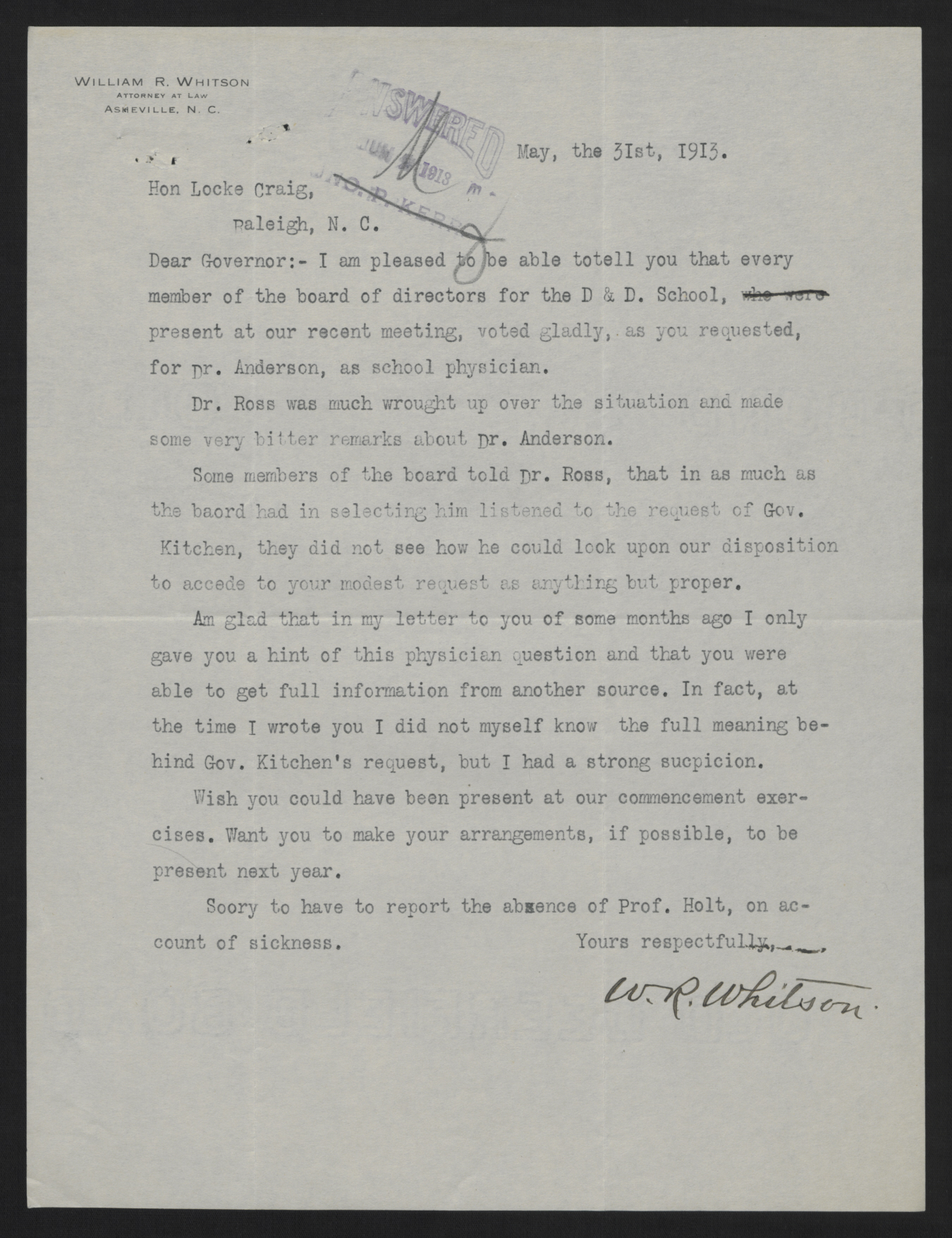 Letter from Whitson to Craig, May 31, 1913