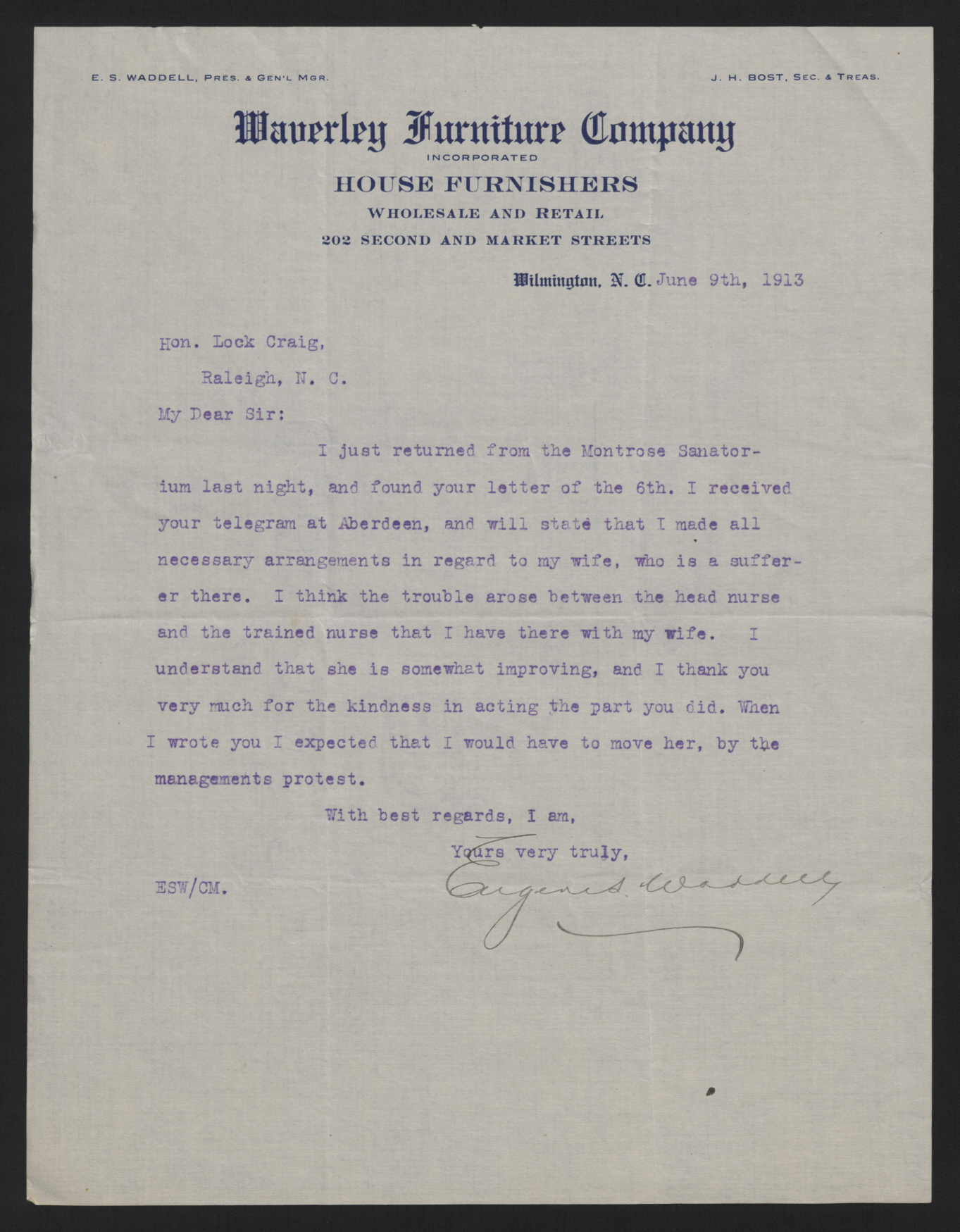 Letter from Waddell to Craig, June 9, 1913