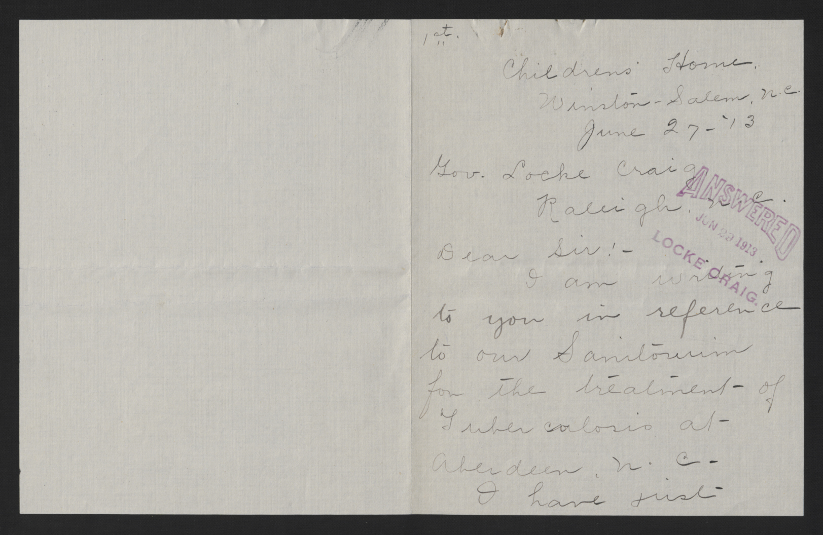 Letter from Query to Craig, June 27, 1913, page 1