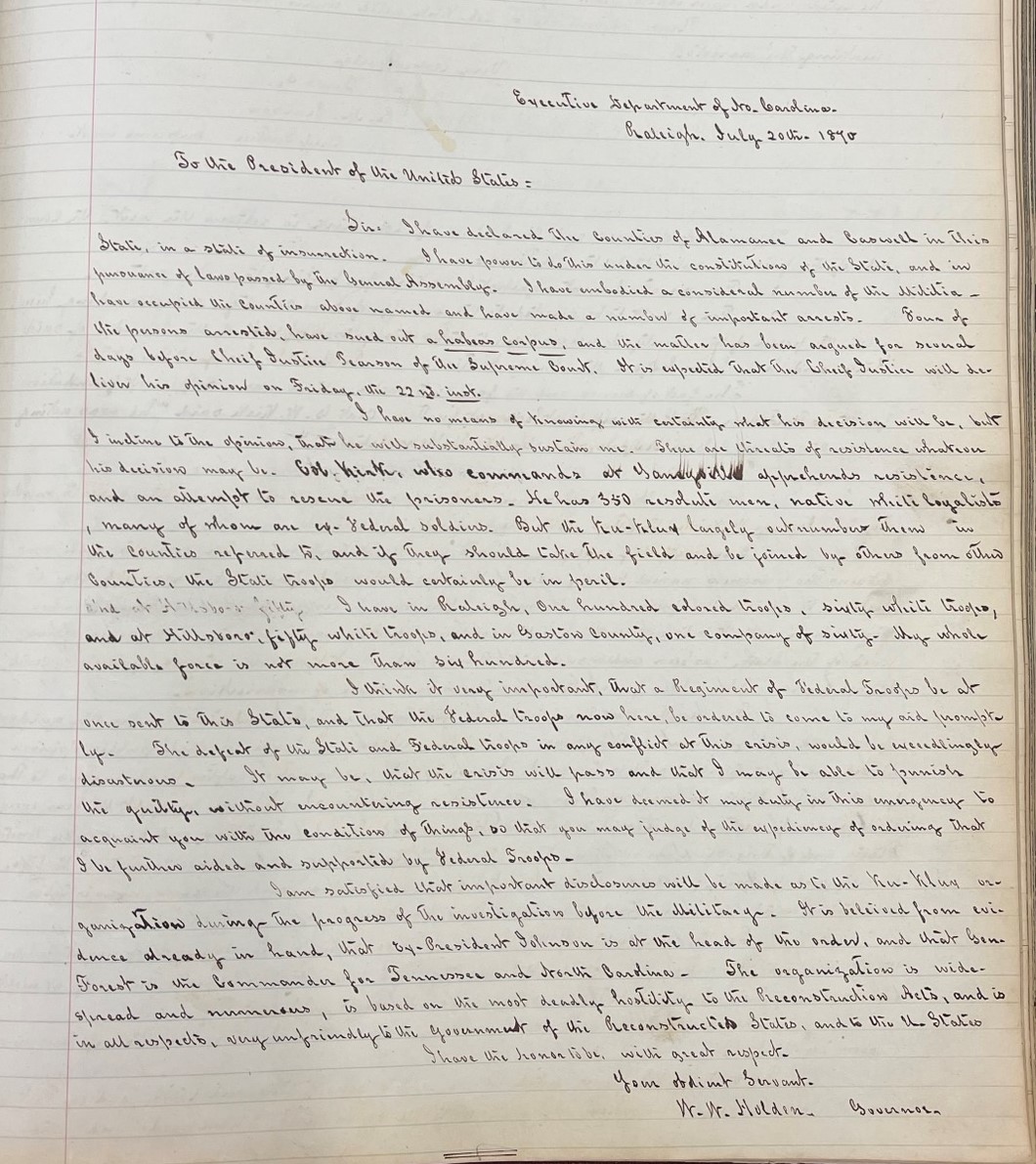 Letter from William Woods Holden to Ulysses S. Grant, 20 July, 1870