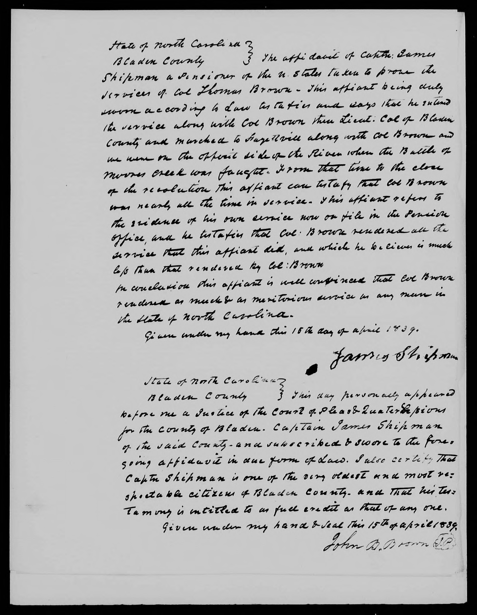 Affidavit of James Shipman in support of a Pension Claim for Lucy Brown, 15 April 1839