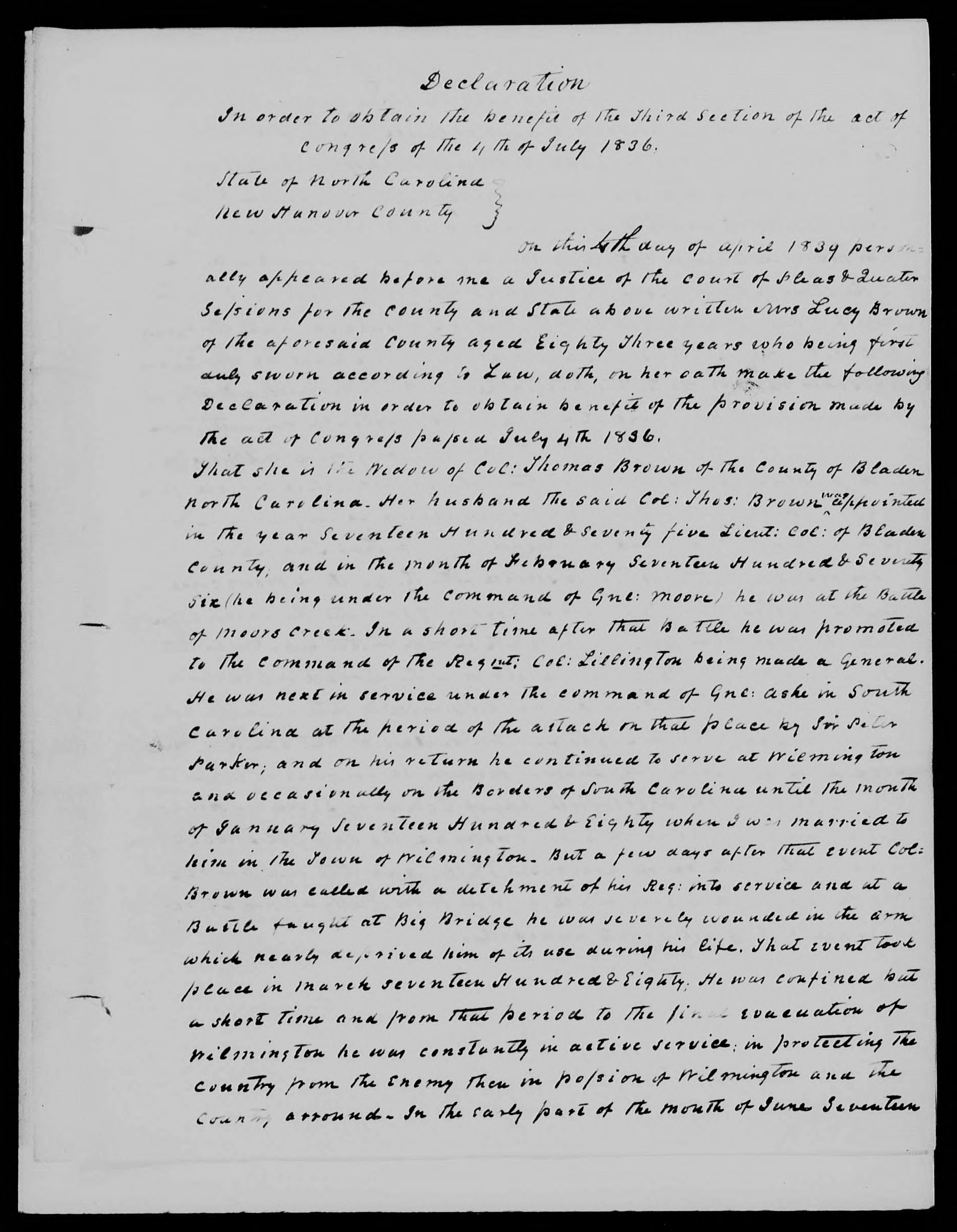 Application for a Widow's Pension from Rachel Locus, 4 October 1839, page 1