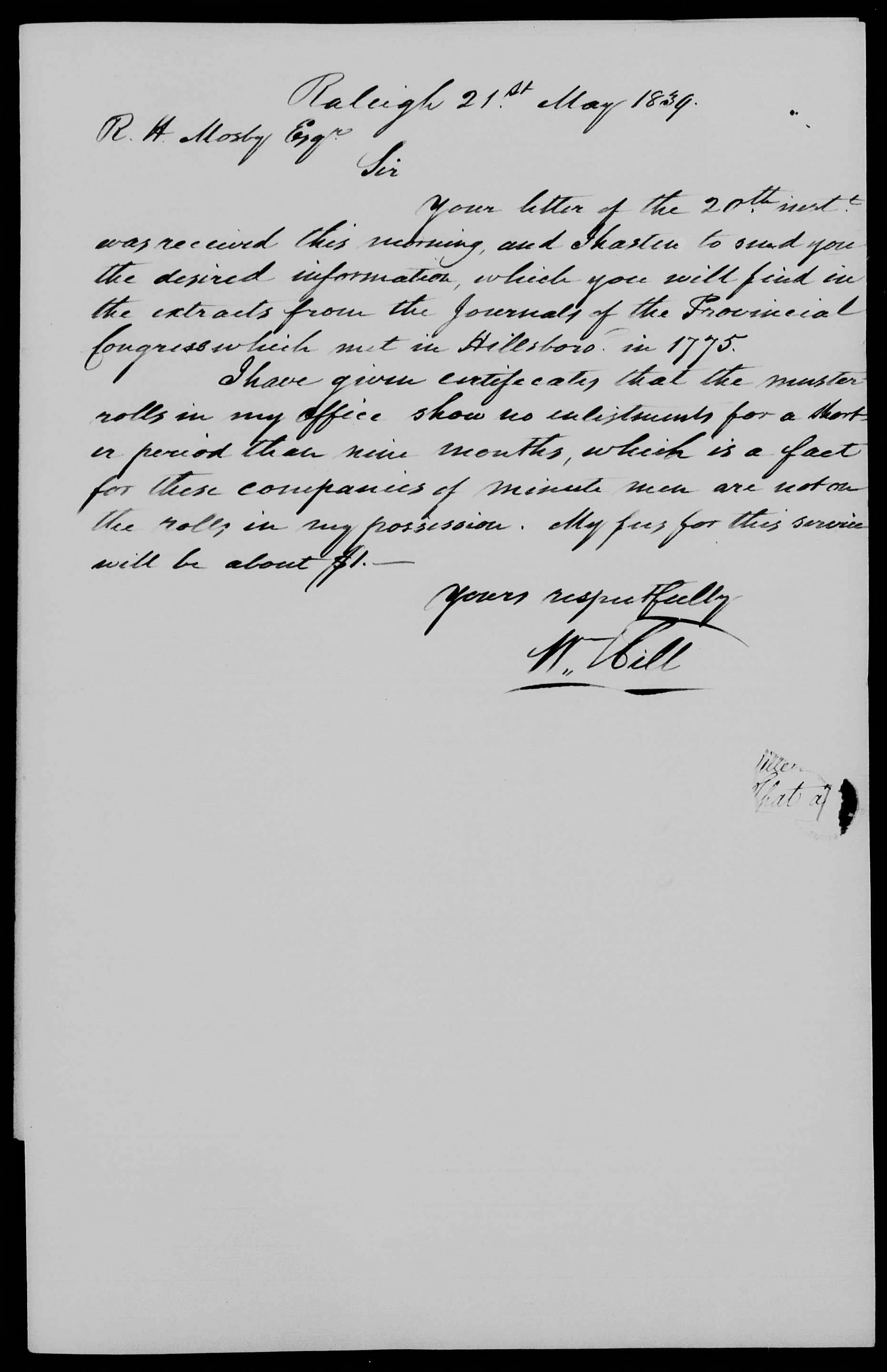 Letter from W. Hill to R. H. Mosby, 21 May 1839