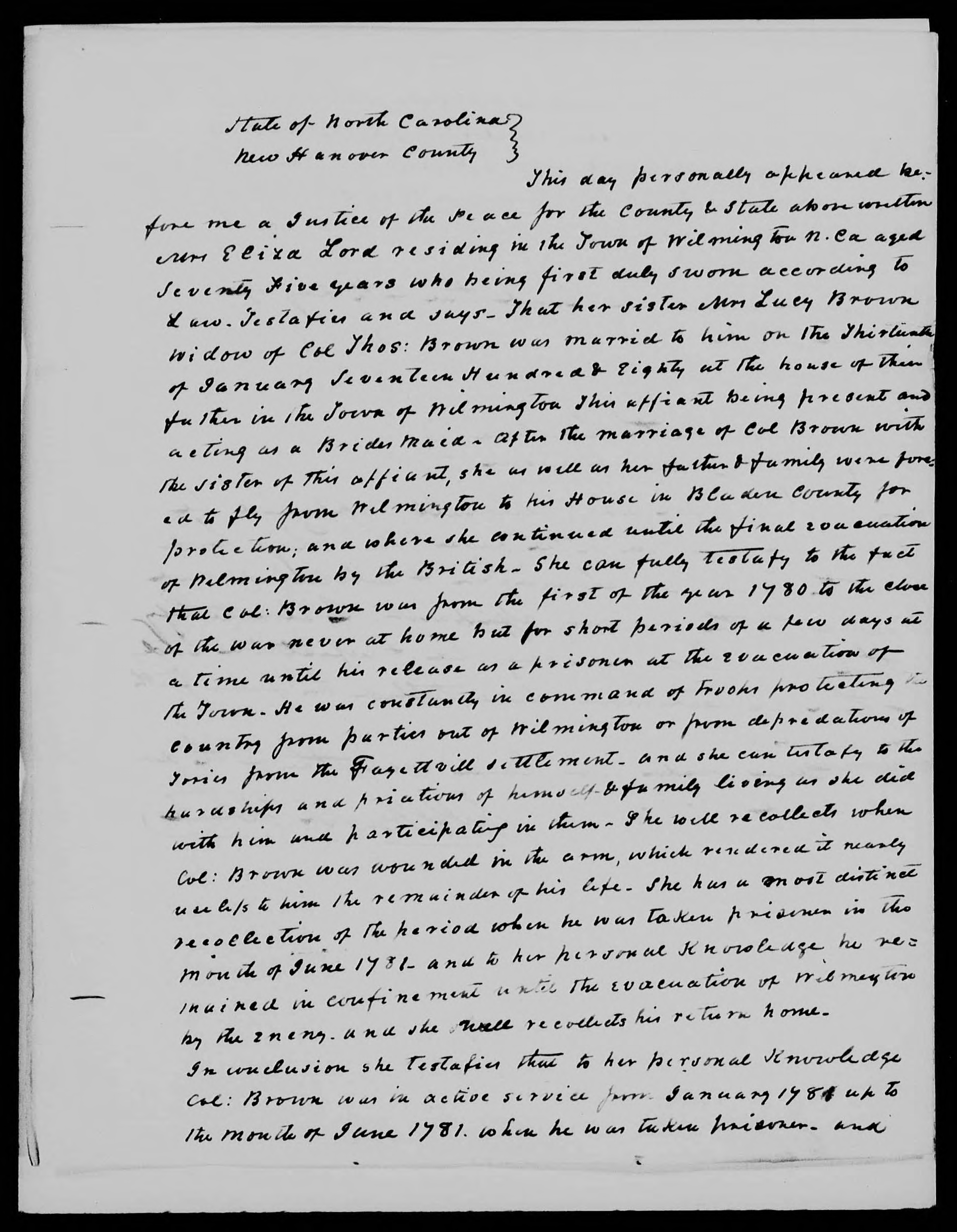 Affidavit of Eliza Lord in support of a Pension Claim for Lucy Brown, 4 April 1839, page 1