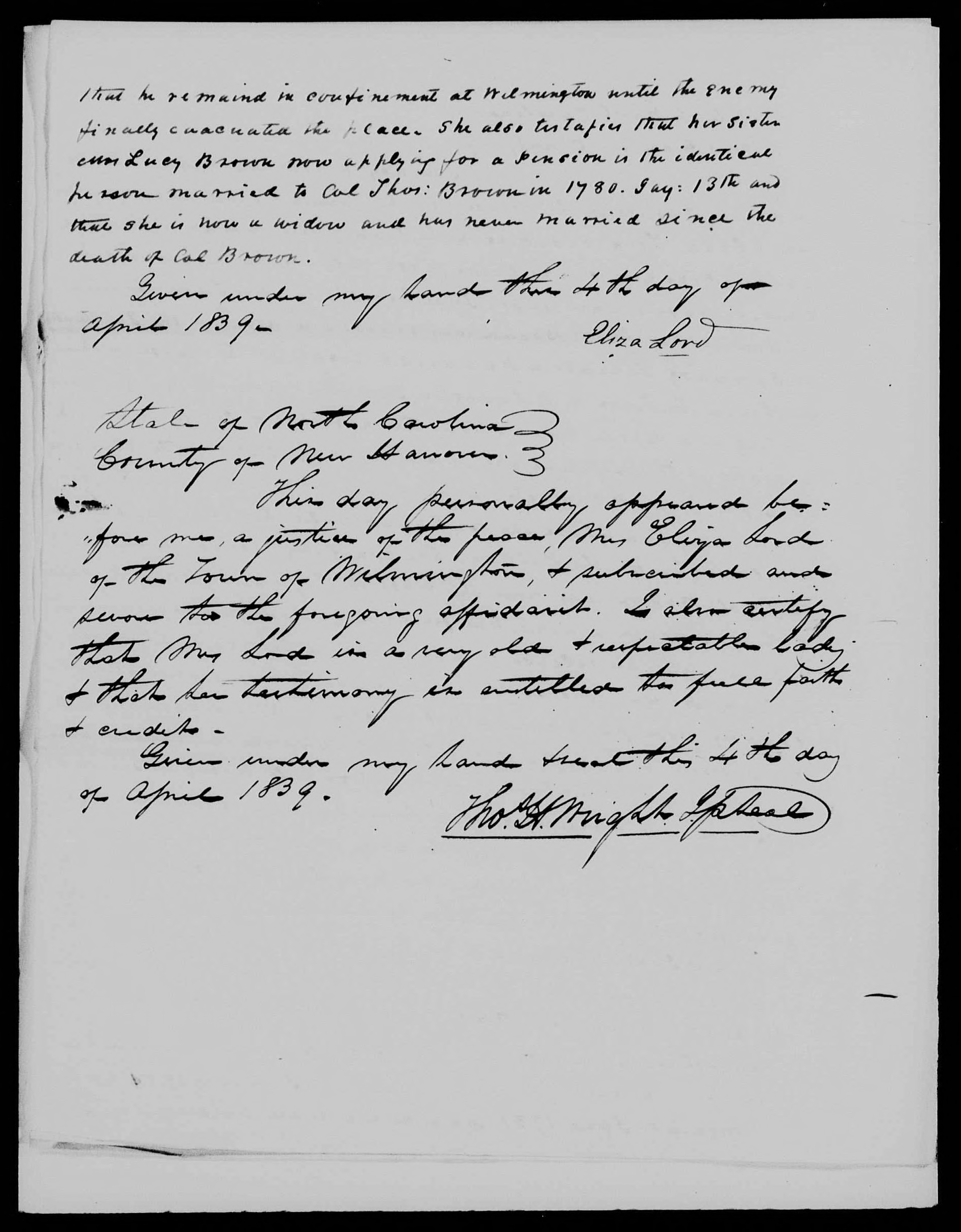 Affidavit of Eliza Lord in support of a Pension Claim for Lucy Brown, 4 April 1839, page 2