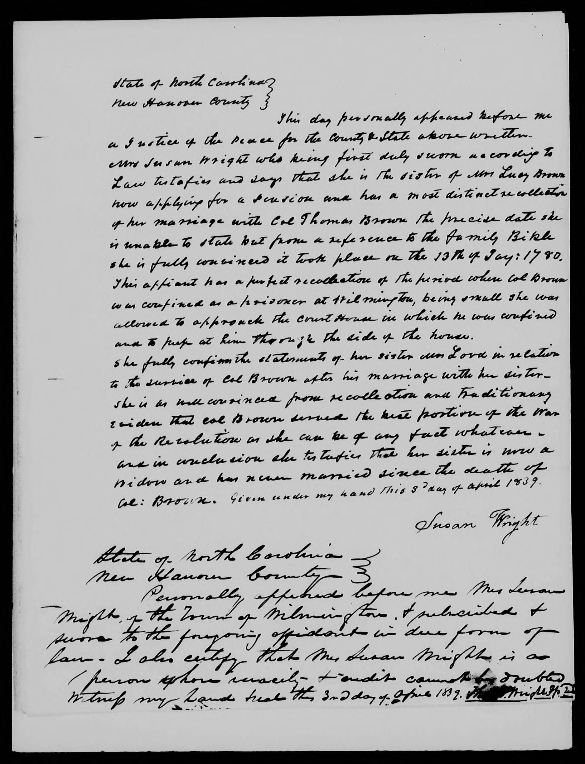 Affidavit of Susan Wright in support of a Pension Claim for Lucy Brown, 3 April 1839