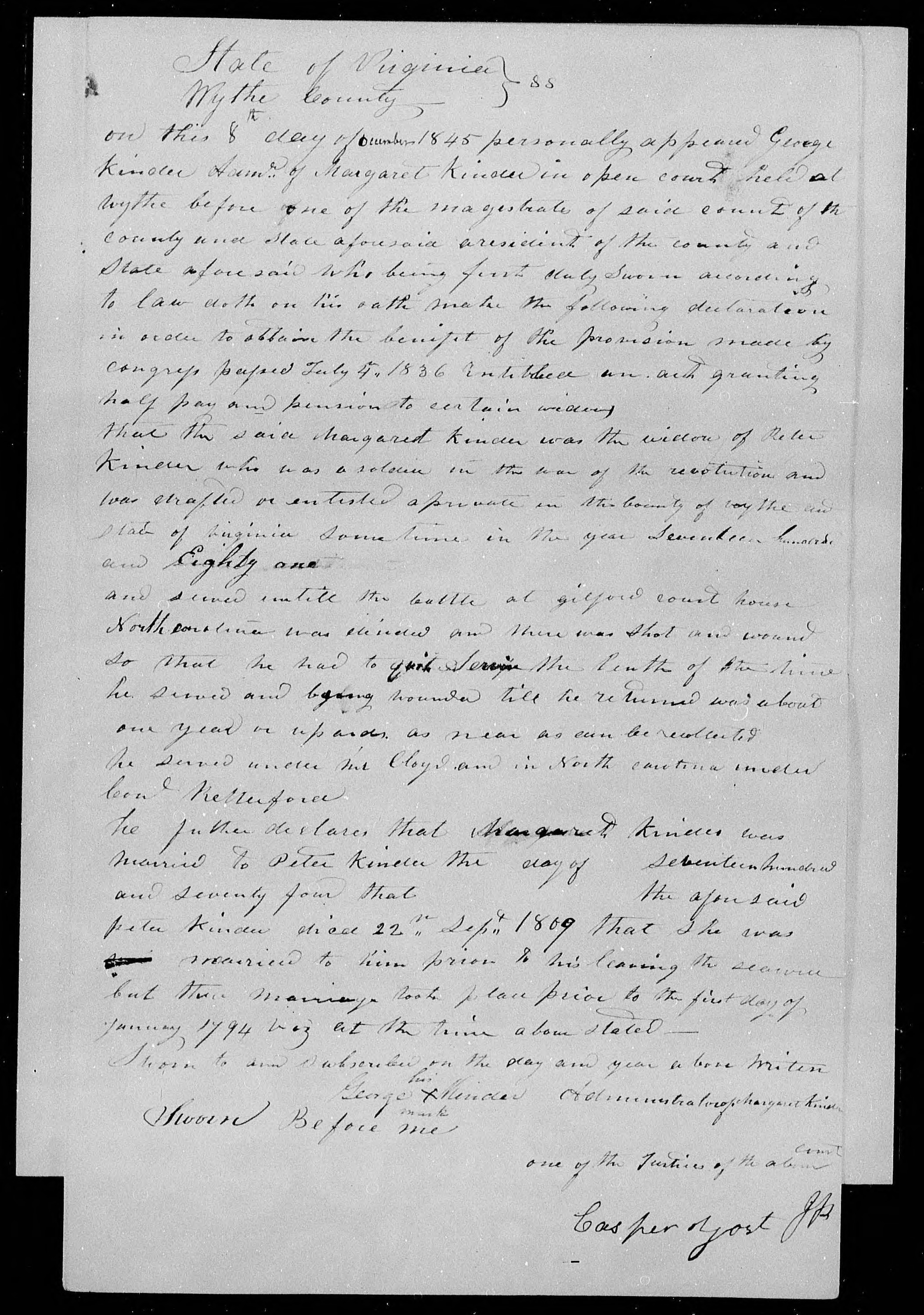 Application for a Widow's Pension from George Kinder, 8 December 1845, page 