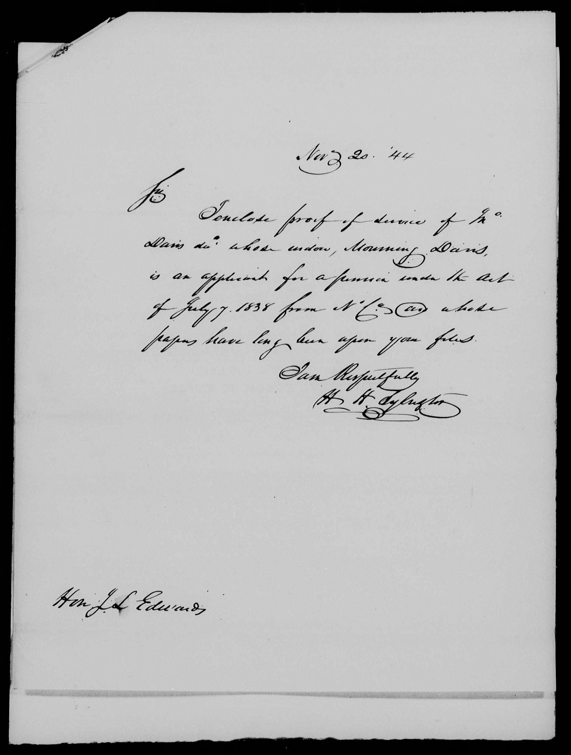 Letter from Henry H. Sylvester to James L. Edwards, 20 November 1844, page 1