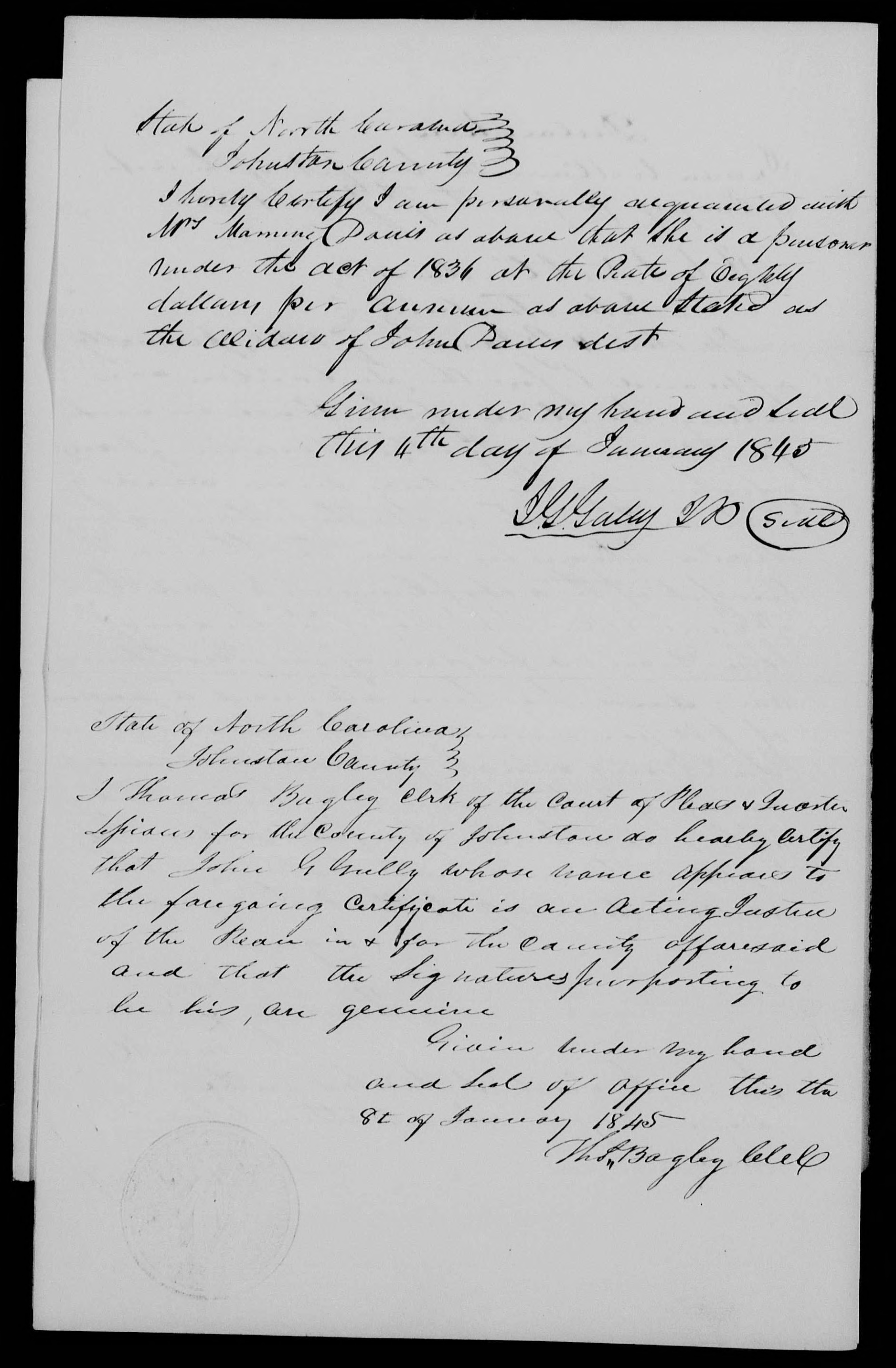 Declaration for receiving a widow's pension by Mourning Davis, 4 January 1845, page 2