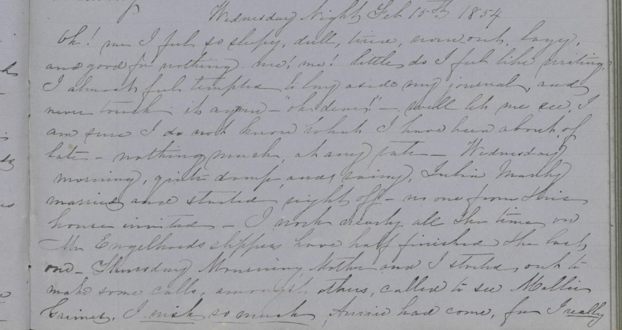 Diary Entry from Margaret Eliza Cotten, 15 February 1854, page 1
