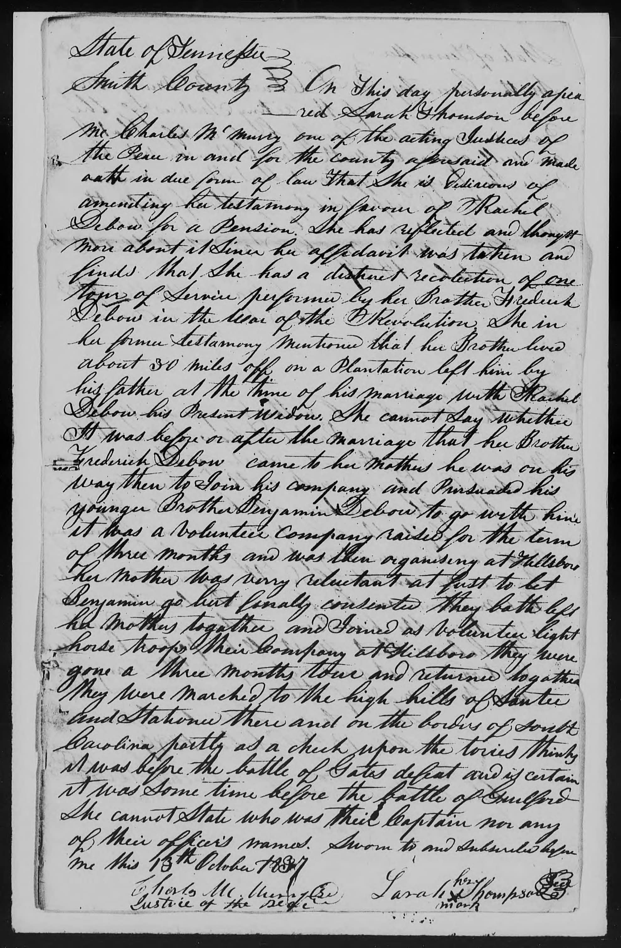 Affidavit of Sarah Thompson in support of a Pension Claim for Rachel Debow, 13 October 1837,  page 1