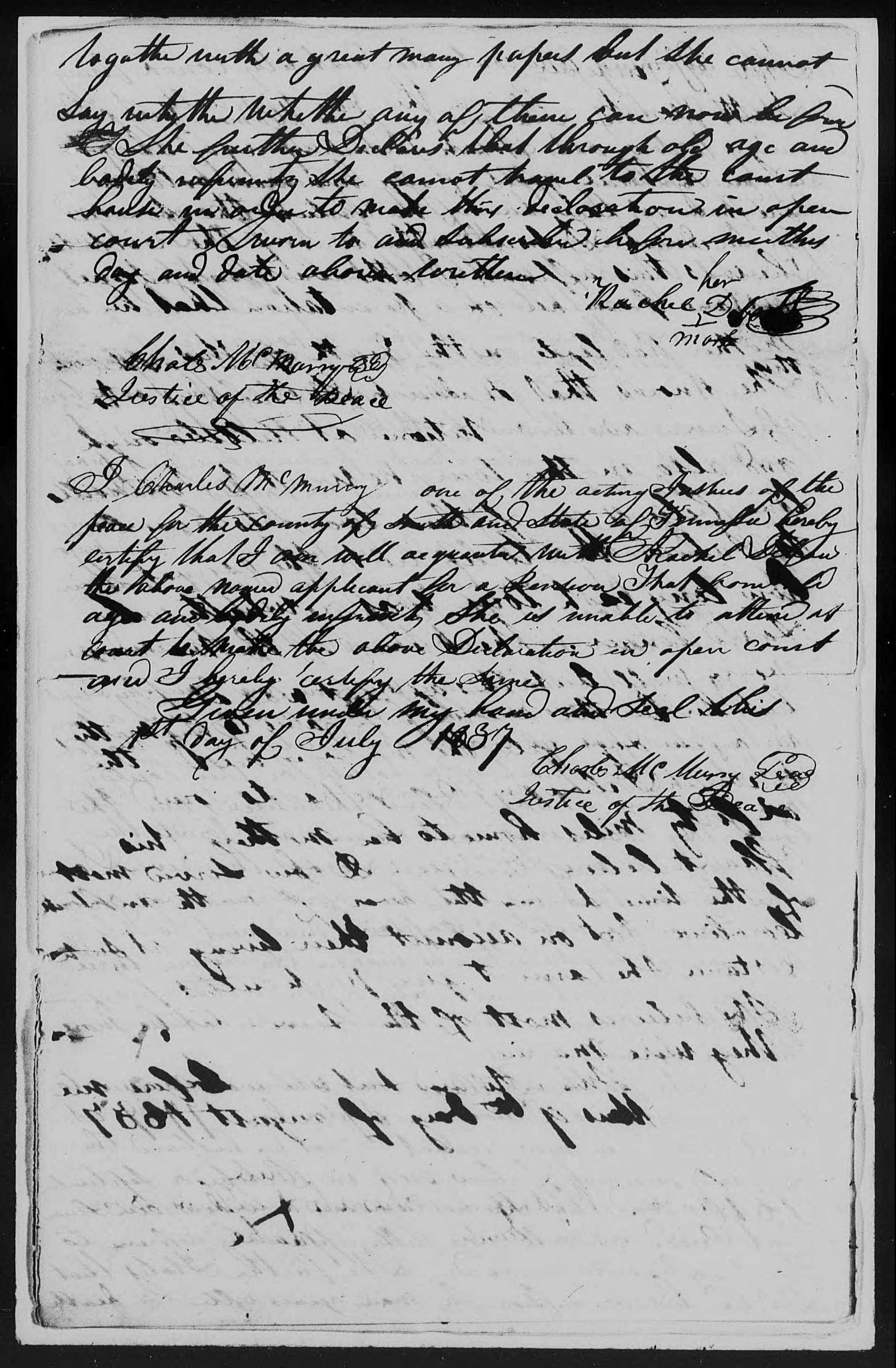 Application for a Widow's Pension from Rachel Debow, 1 July 1837, page 3