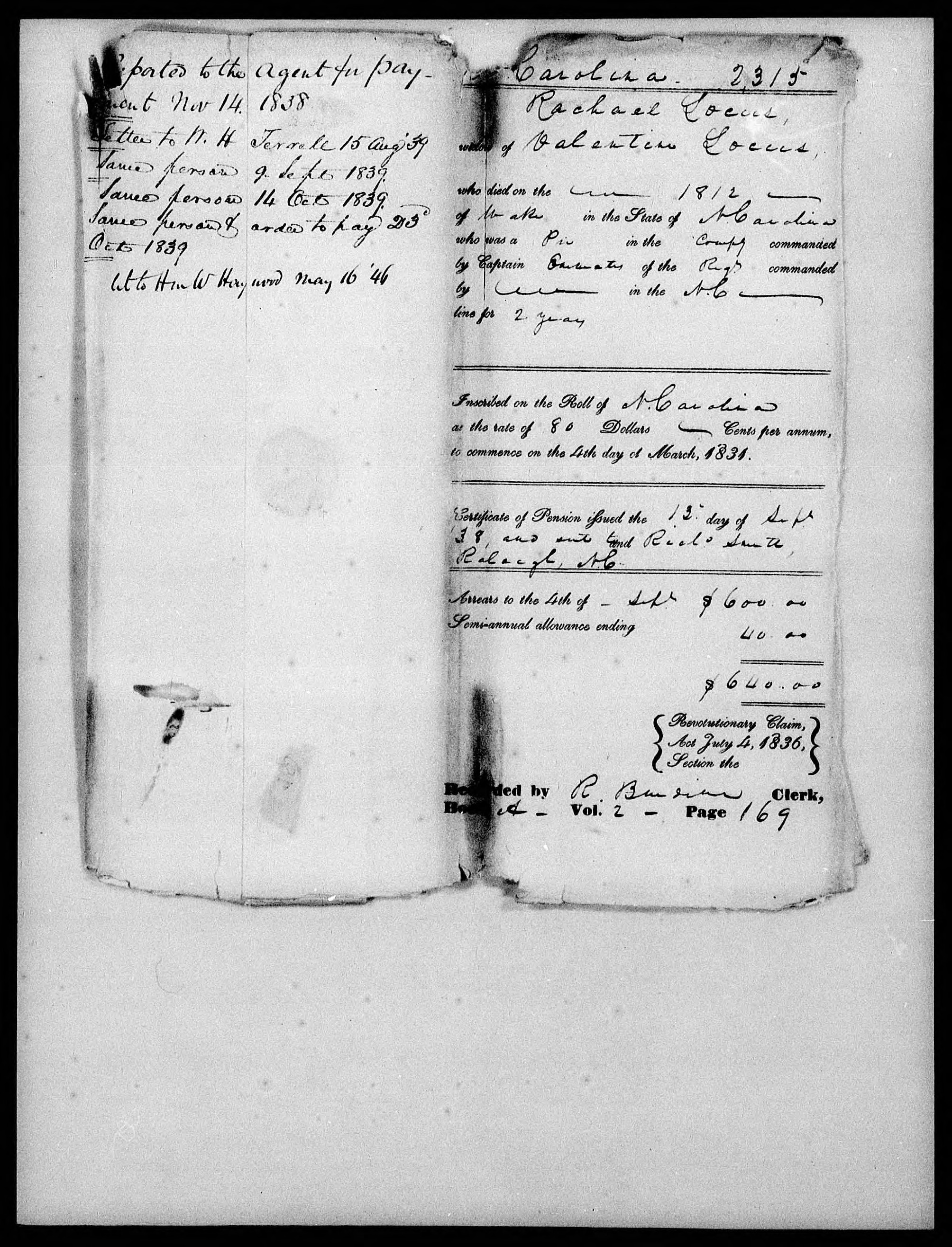 Docket for Widow's Pension from the U.S. Pension Office for Rachael Locus, 13 September 1838