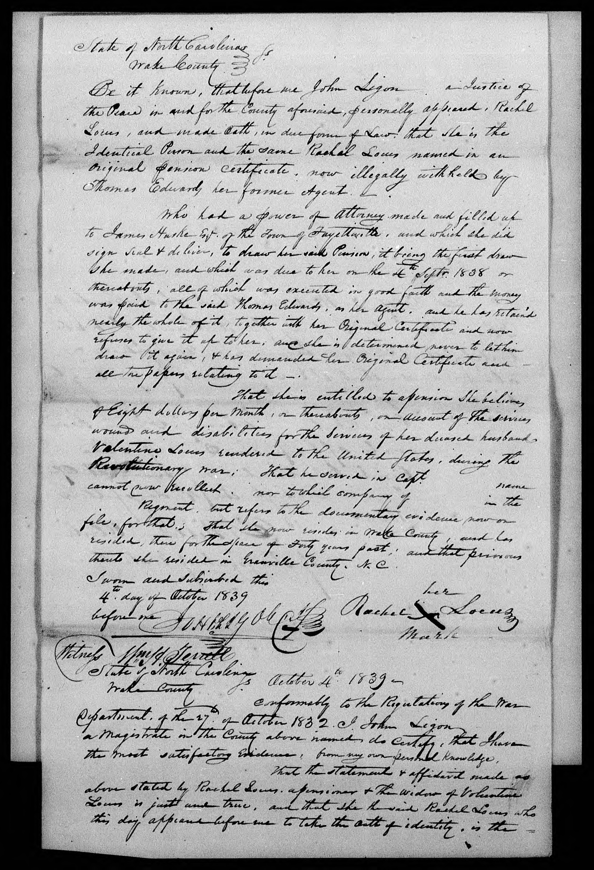 Application for a Widow's Pension from Rachel Locus, 4 October 1839, page 1