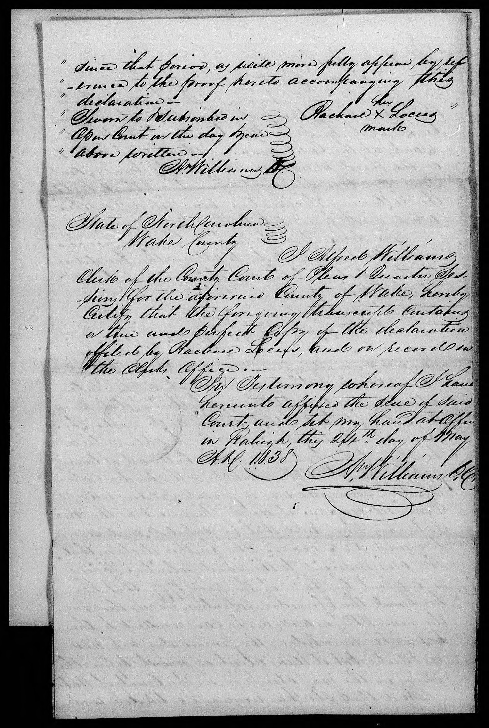 Application for a Widow's Pension from Rachel Locus, 24 May 1838, page 2