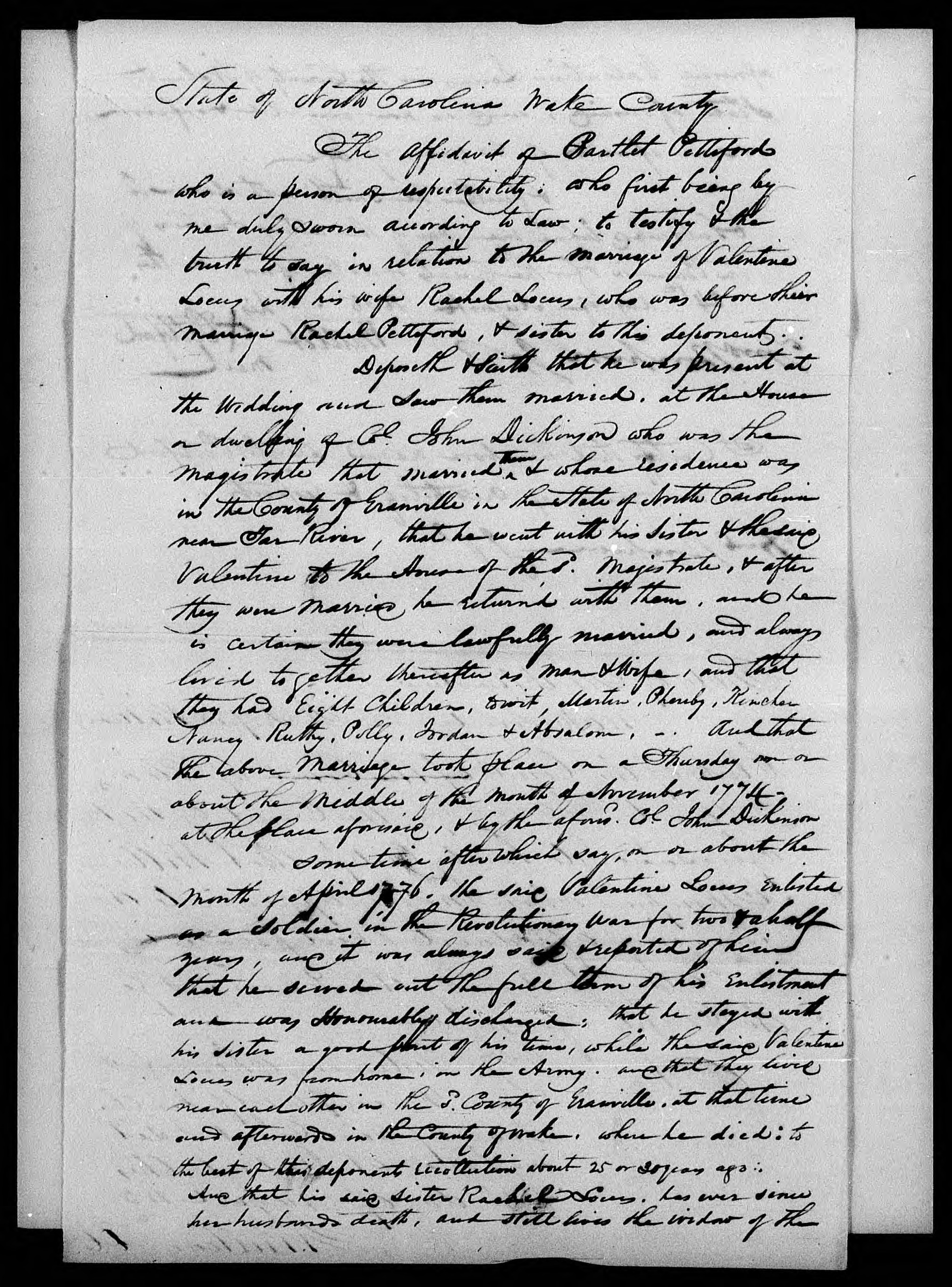 Affidavit of Bartlet Pettiford in support of a Pension Claim for Rachel Locus, 24 August 1838, page 1