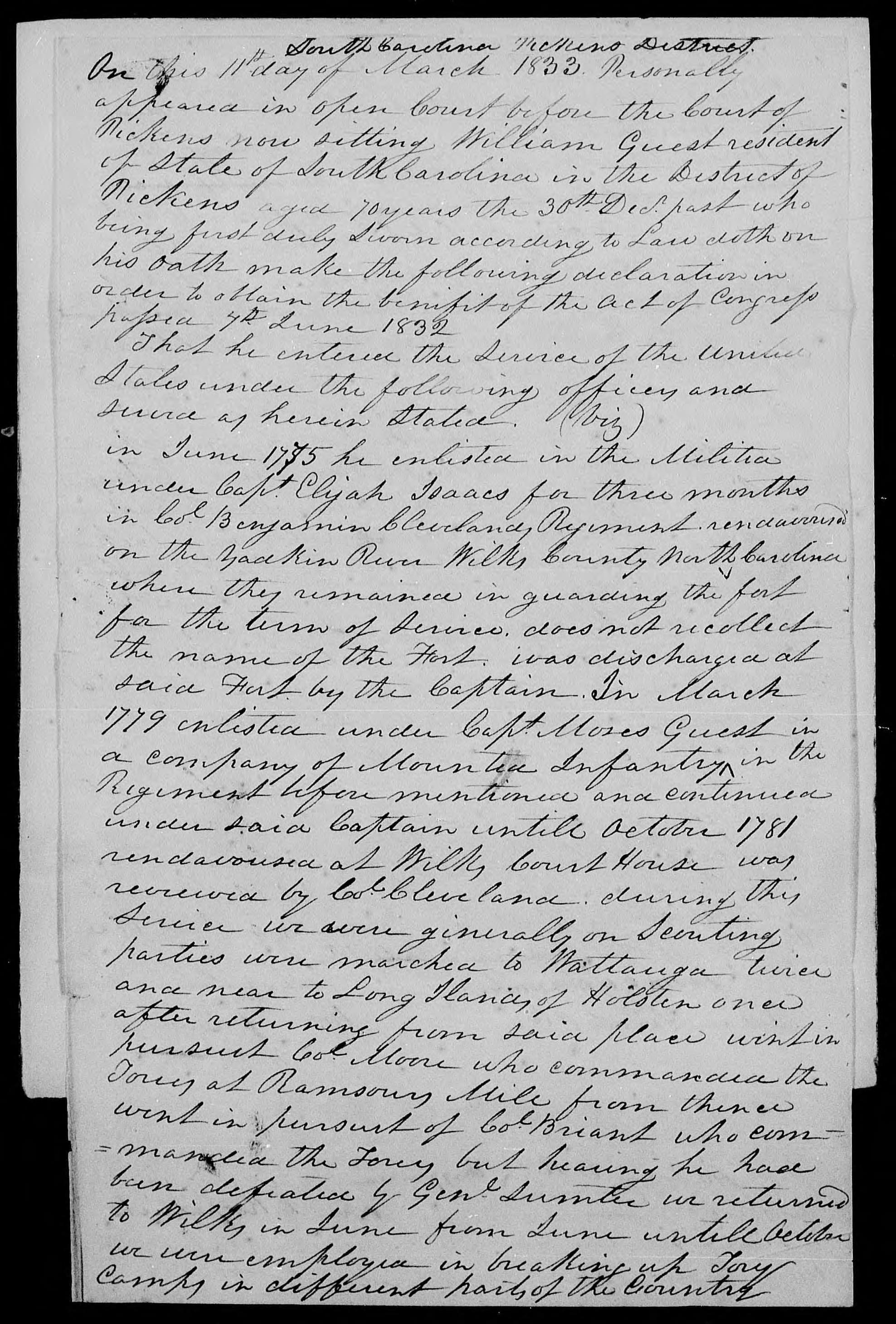 Application for a Veteran's Pension from William Guest, 11 March 1833, page 1