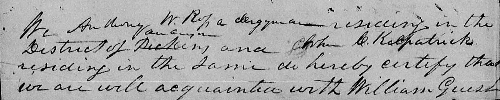 Affidavit of Anthony W. Ross and John C. Kilpatrick in support of a Pension Claim for William Guest, 11 March 1833, page 1