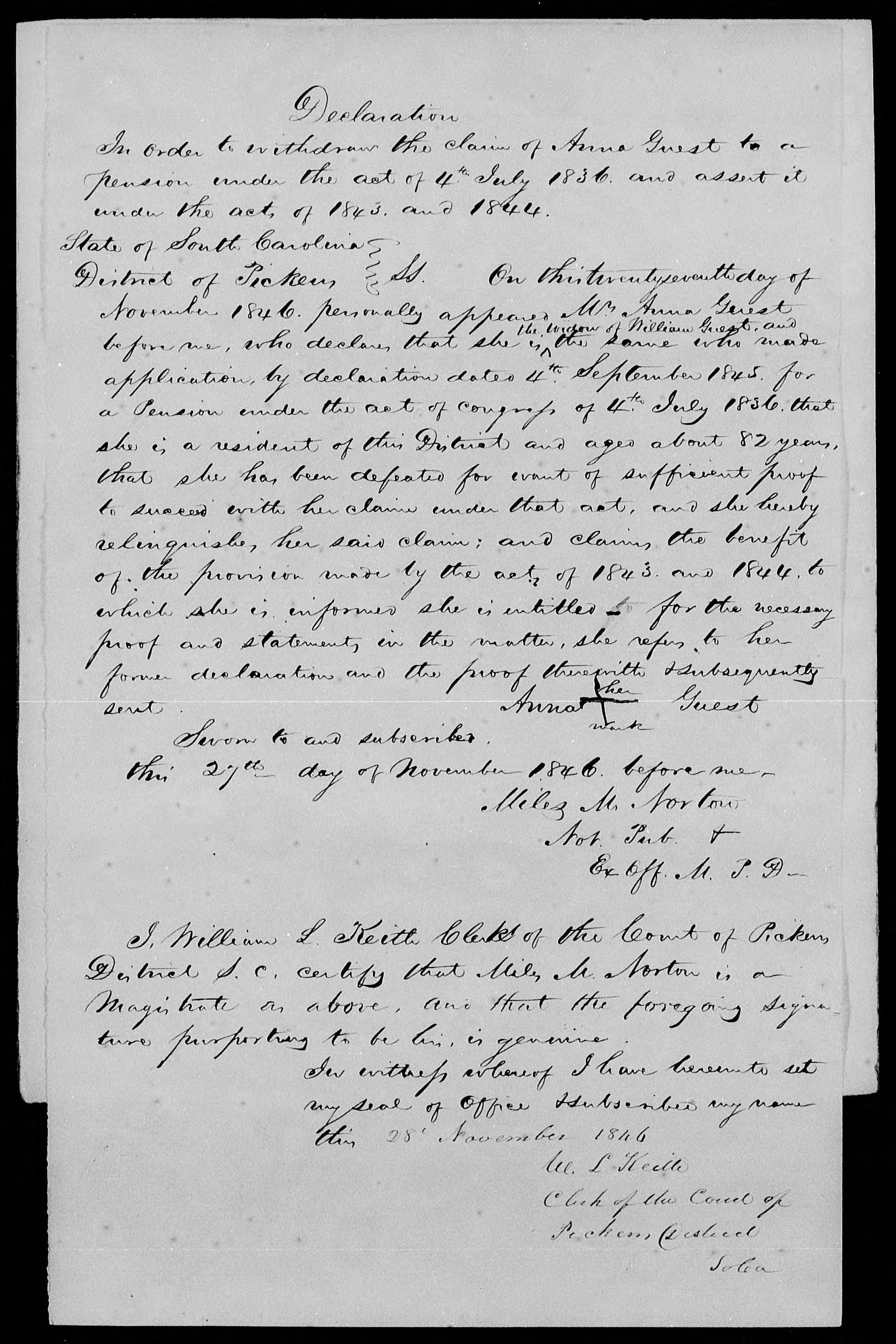 Application for a Widow's Pension from Anna Guest, 27 November 1846, page 1