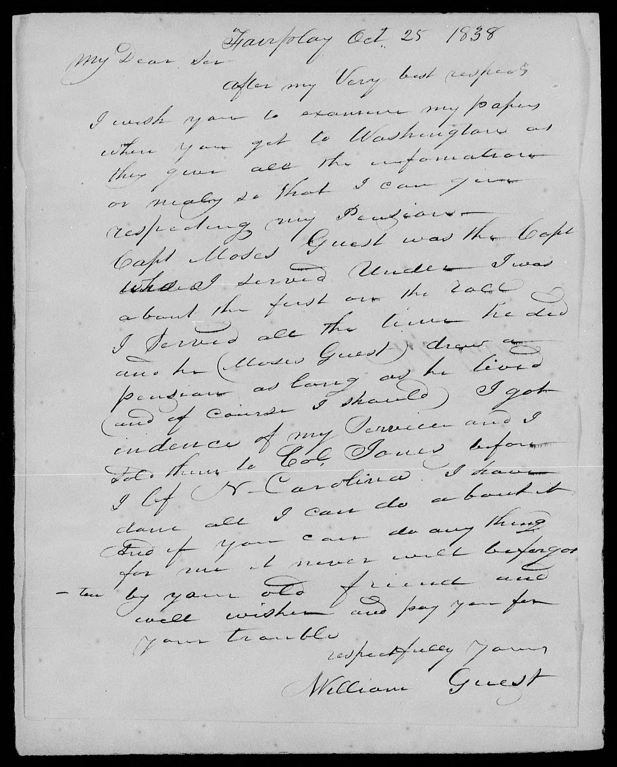 Letter from William Guest to Unknown, 25 October 1838