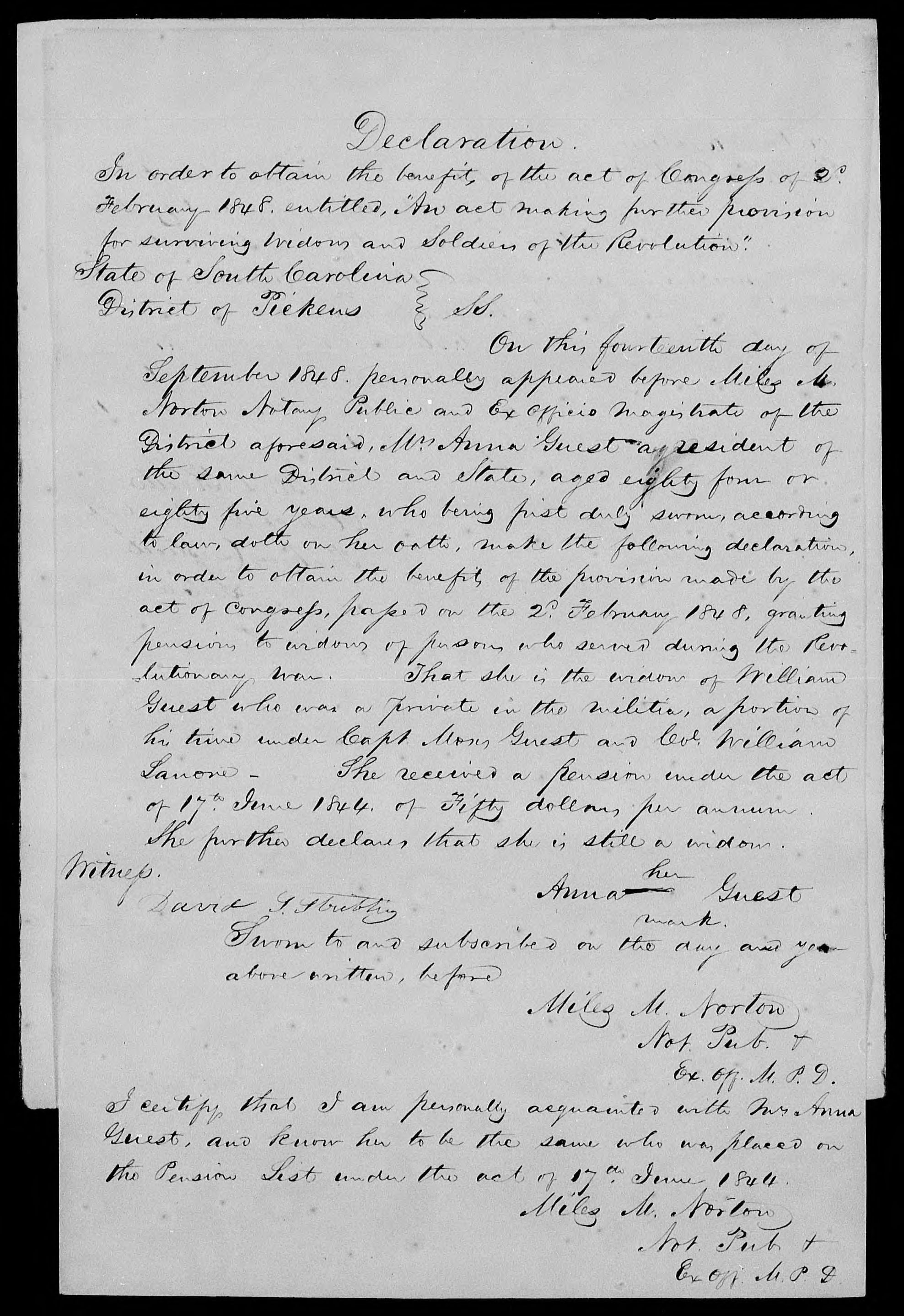 Application for a Widow's Pension from Anna Guest, 14 September 1848, page 1