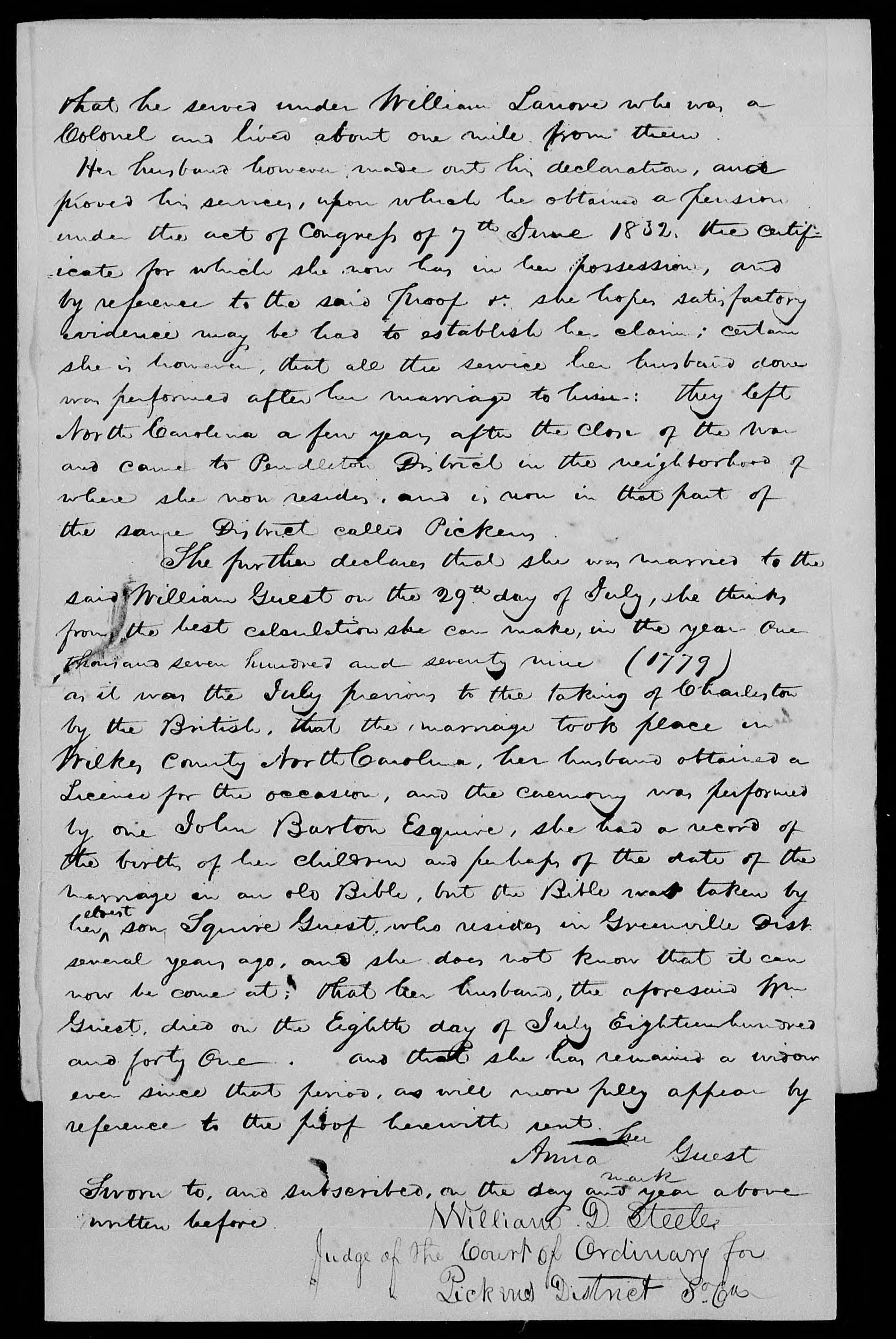 Application for a Widow's Pension from Anna Guest, 4 September 1845, page 2