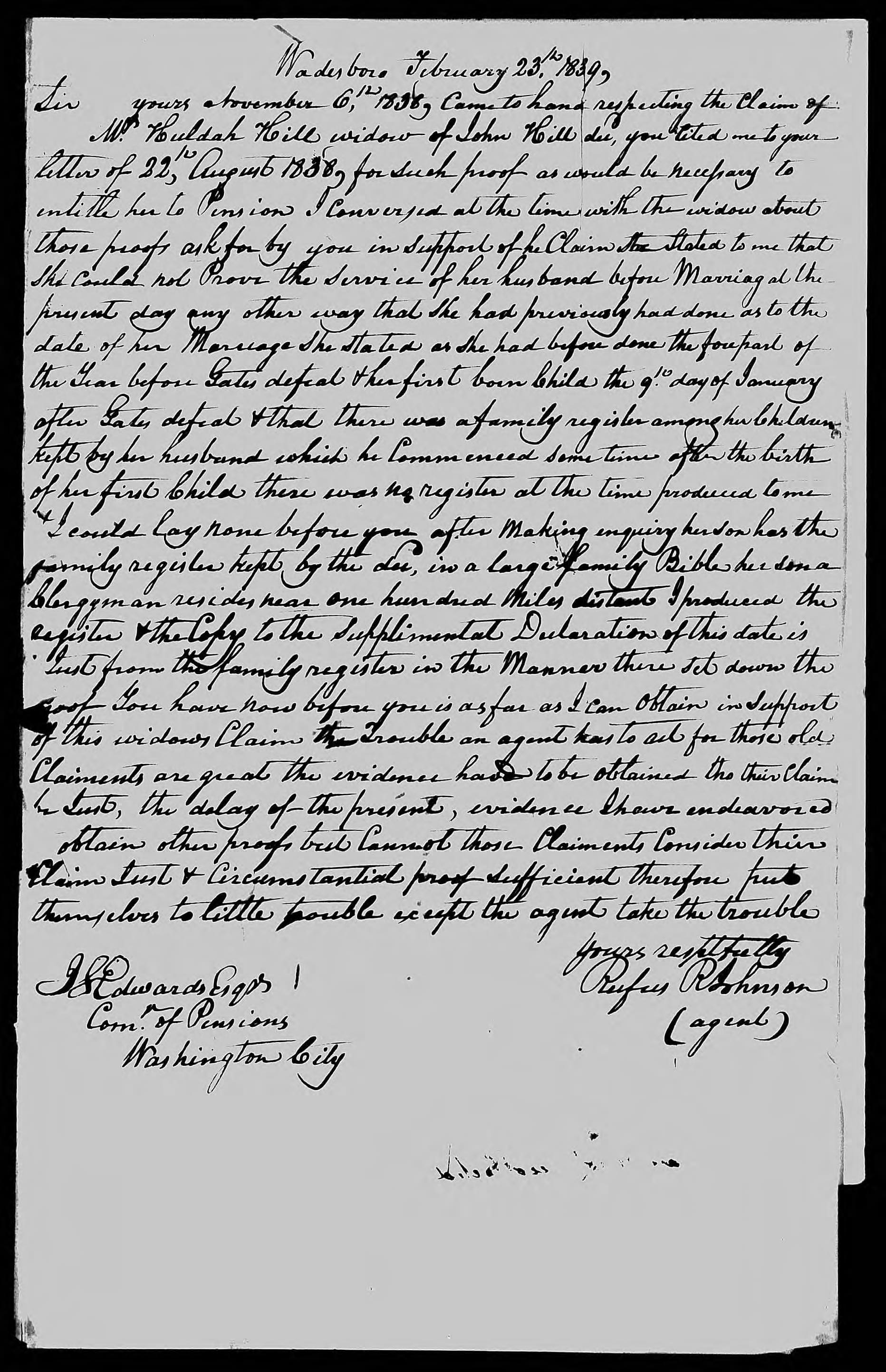Letter from Rufus R. Johnson to James L. Edwards, 23 February 1839