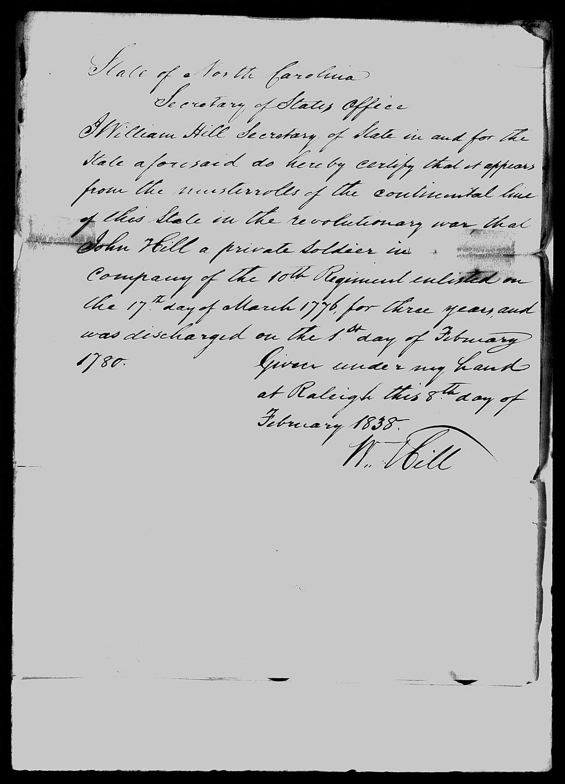 Proof of Service for John Hill, 8 February 1838
