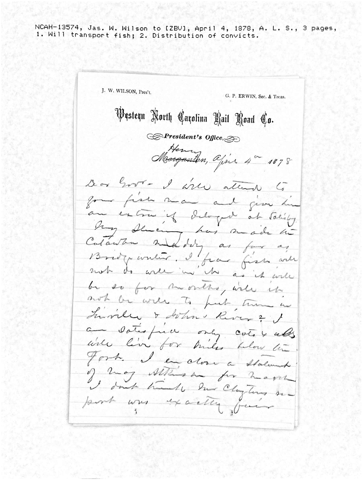 Letter from James W. Wilson to Zebulon B. Vance, 4 April 1878