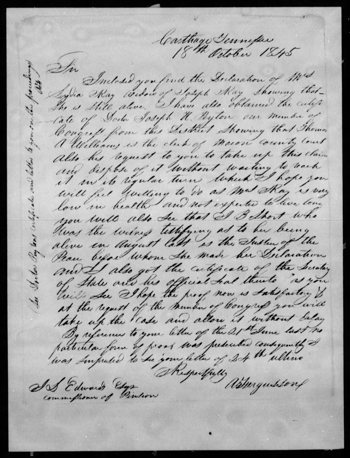 Letter from Adam Ferguson to James L. Edwards, 18 October 1845