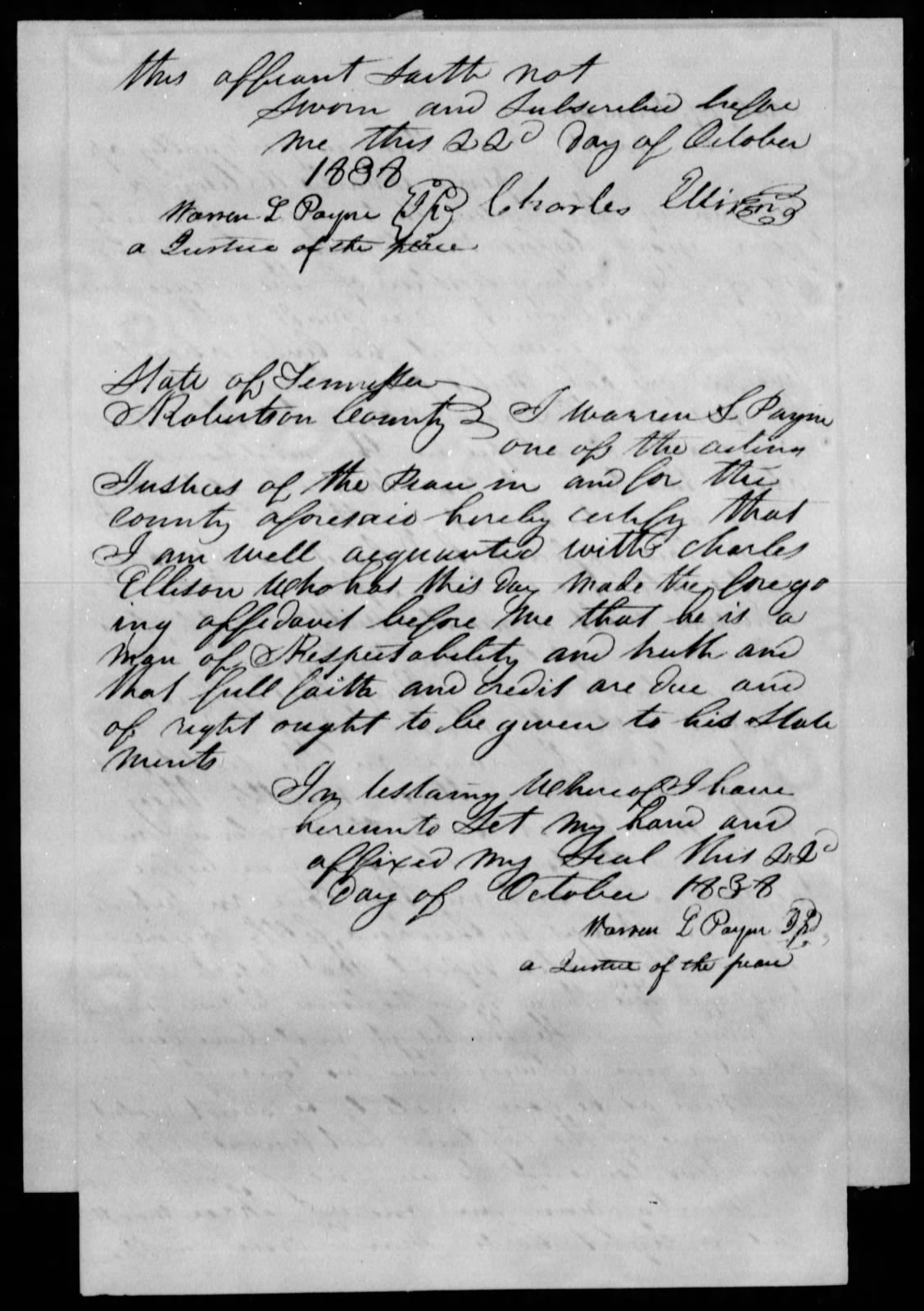 Affidavit of Charles Ellison in support of a Pension Claim for Lydia Ray, 22 October 1838, page 2