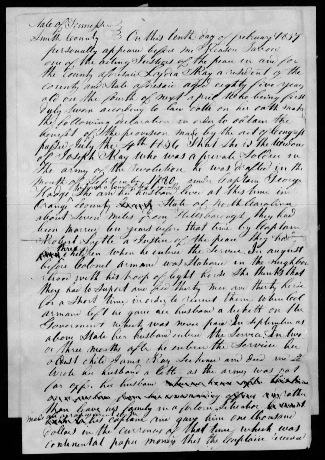 Application for a Widow's Pension from Lydia Ray, 10 February 1837, page 1