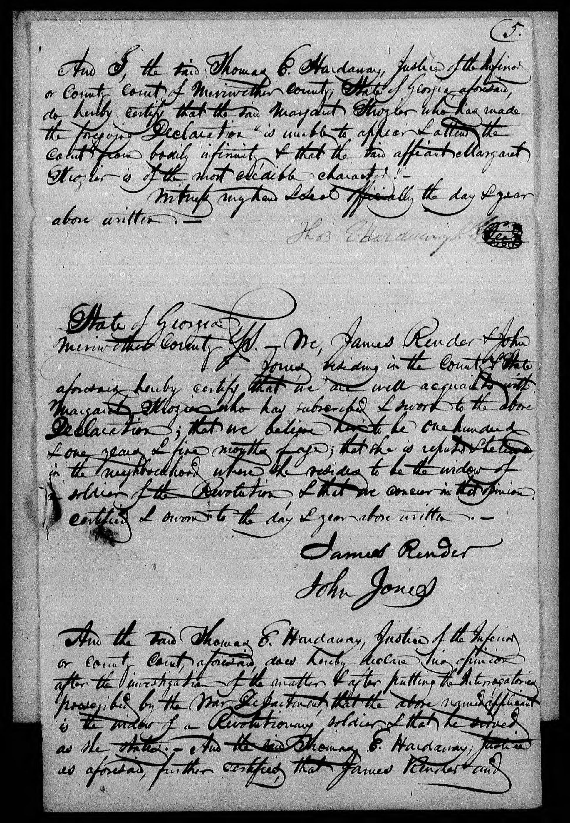 Application for a Widow's Pension from Margaret Strozier, 1 February 1842, page 5