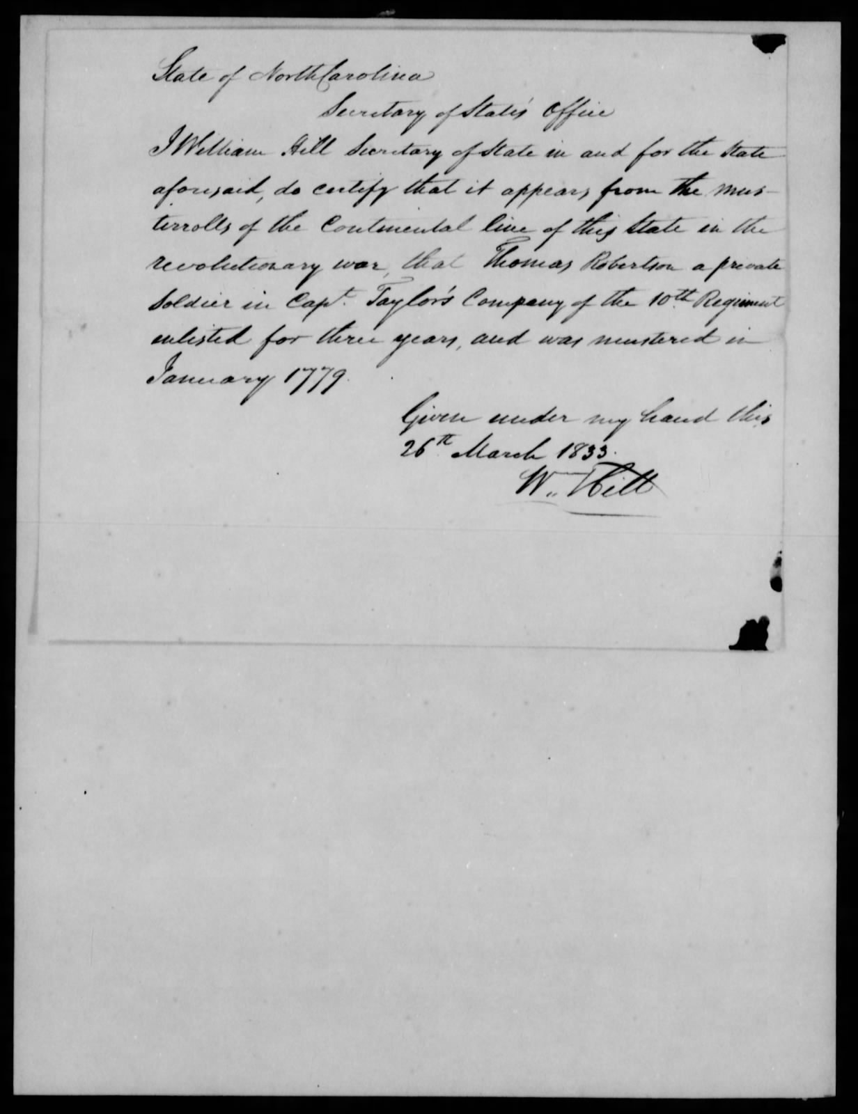 Proof of Service for Thomas Robison, 26 March 1833