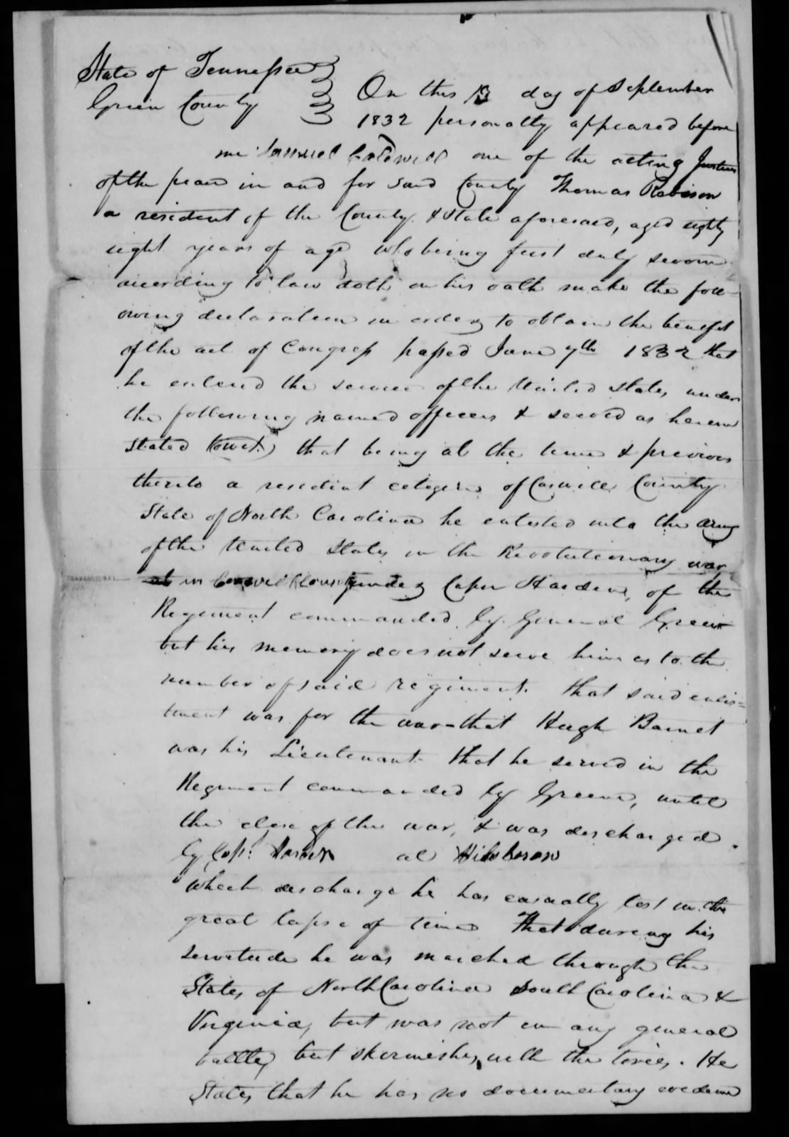 Application for a Veteran's Pension from Thomas Robison, 13 September 1832, page 1
