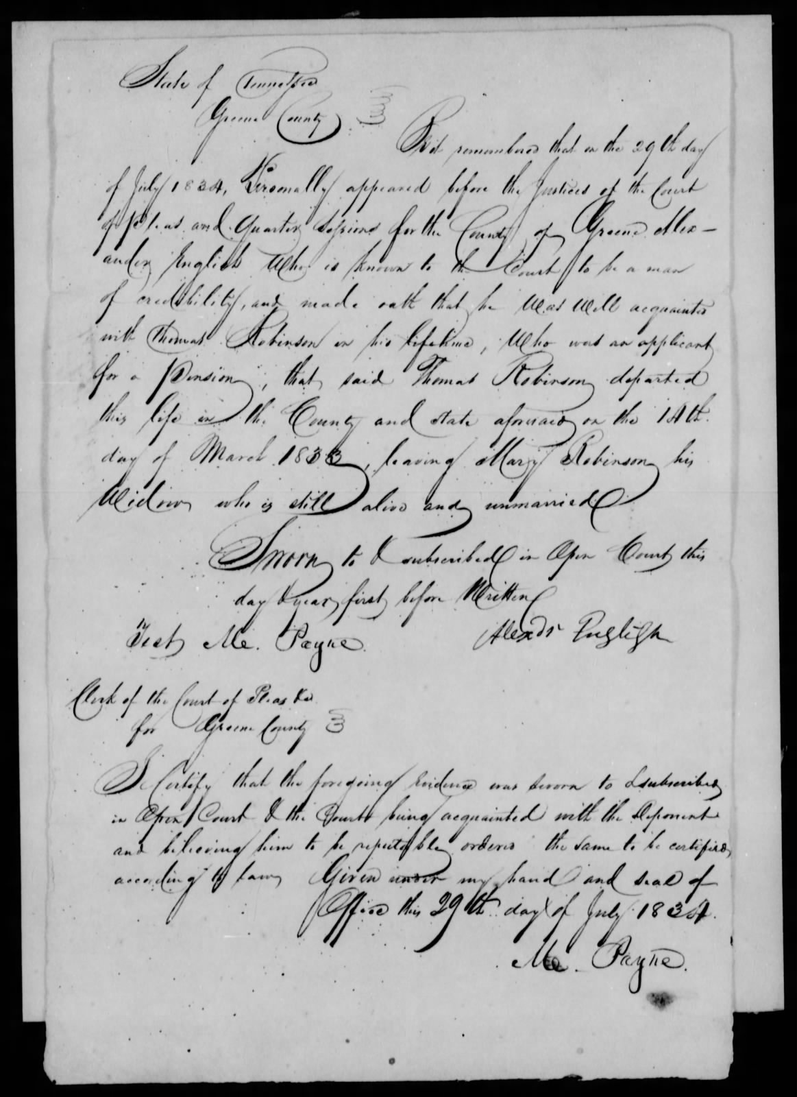 Proof of Death for Thomas Robison, 29 July 1834