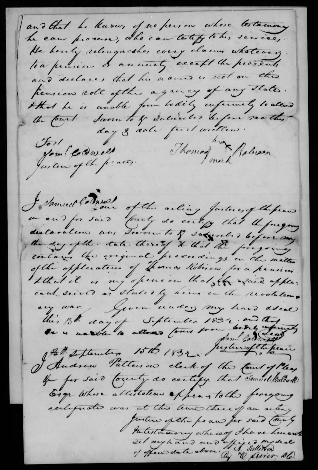 Application for a Veteran's Pension from Thomas Robison, 13 September 1832, page 1