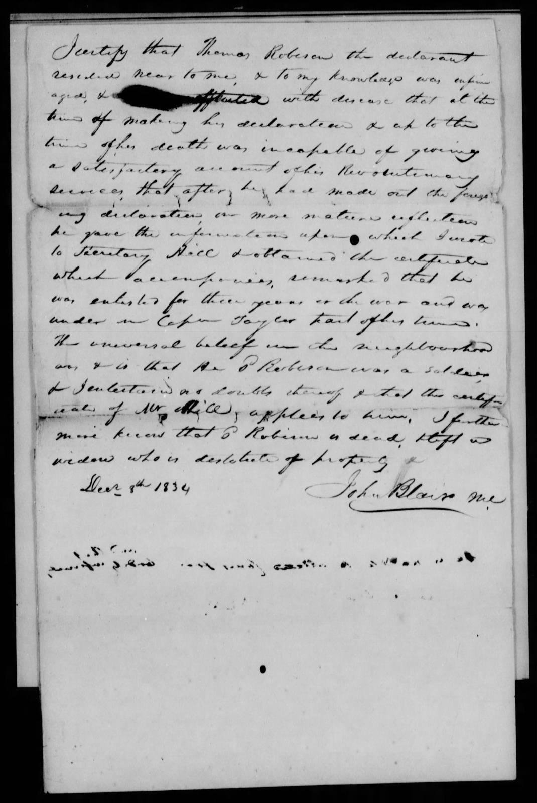 Affidavit of John Blair in support of a Pension Claim for Thomas Robison, 8 December 1834