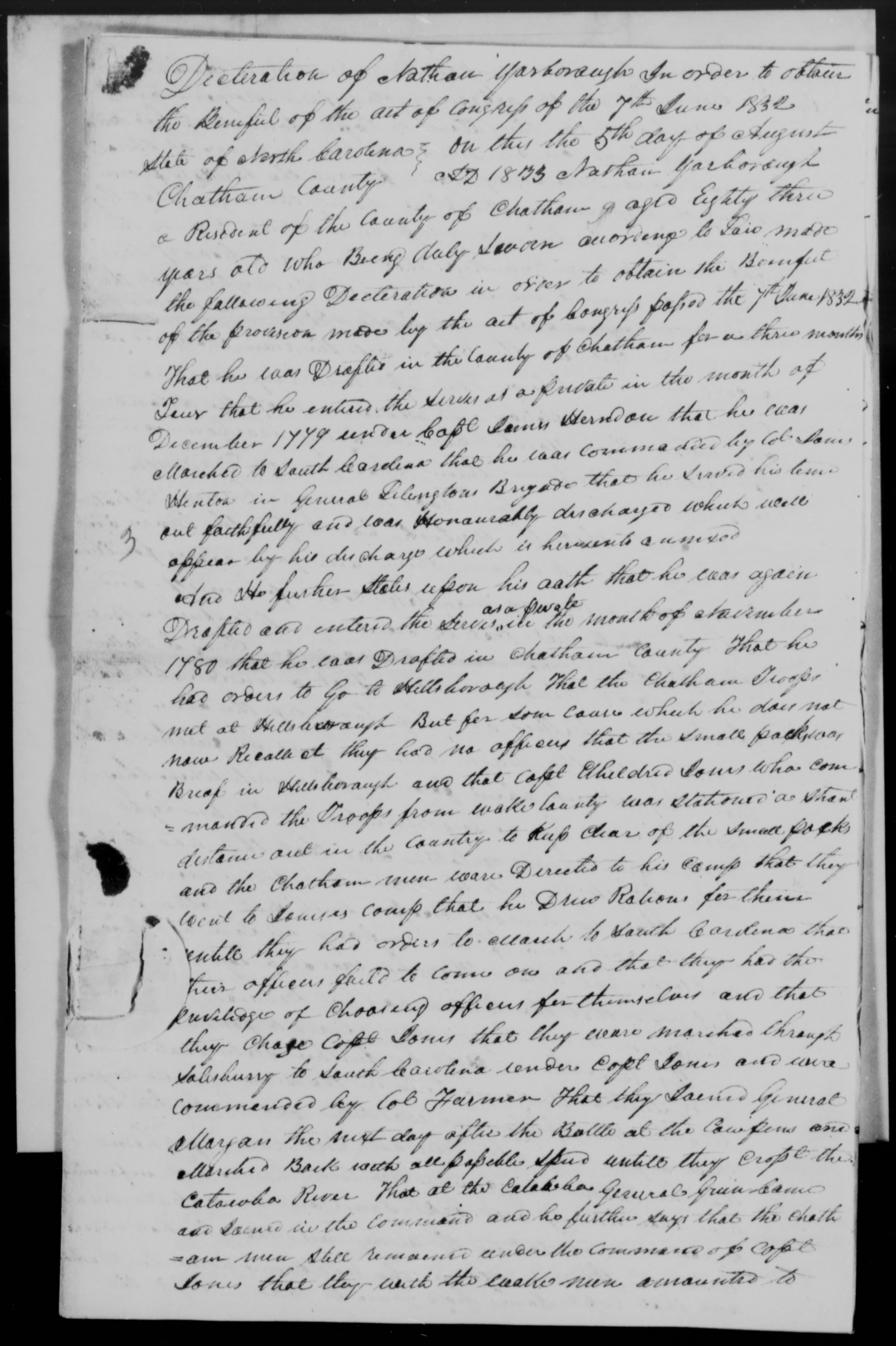 Application for a Veteran's Pension from Nathan Yarborough, 5 August 1833, page 1
